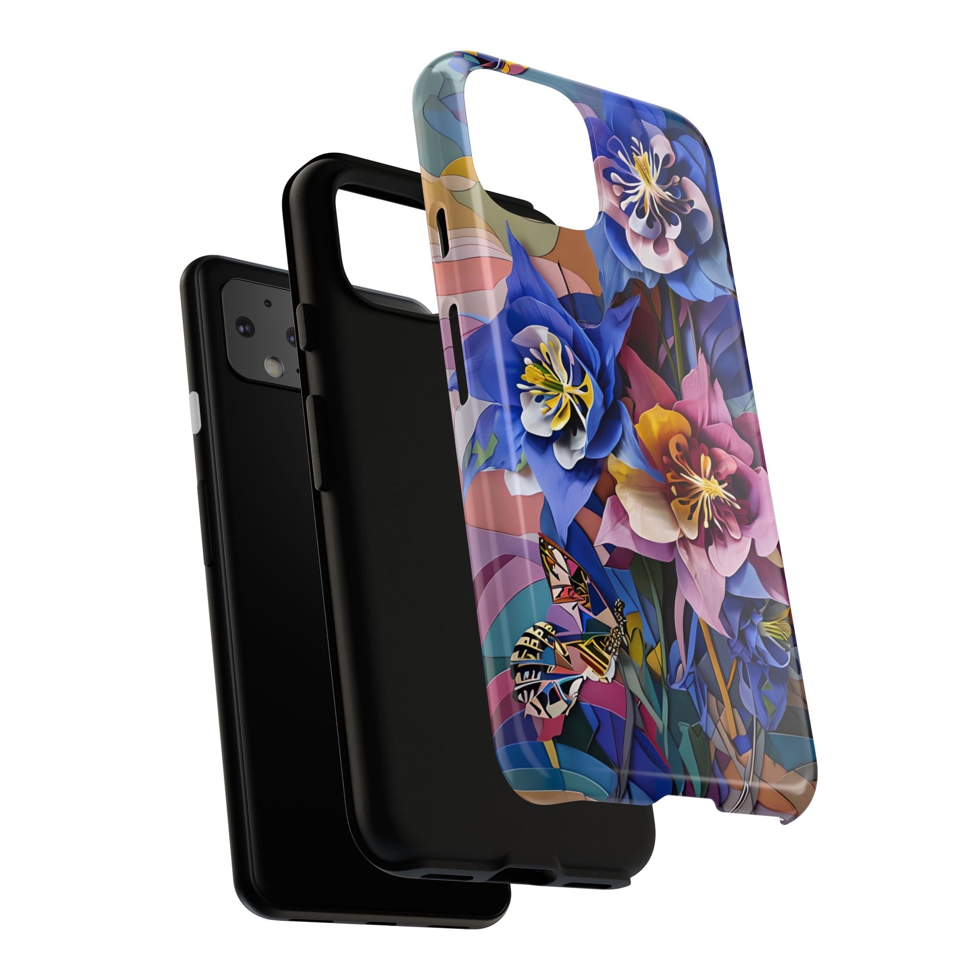 Blue Columbine Carnivale - Artistic Floral & Butterfly Google Pixel 4 Tough Phone Case - Vibrant Botanical Design