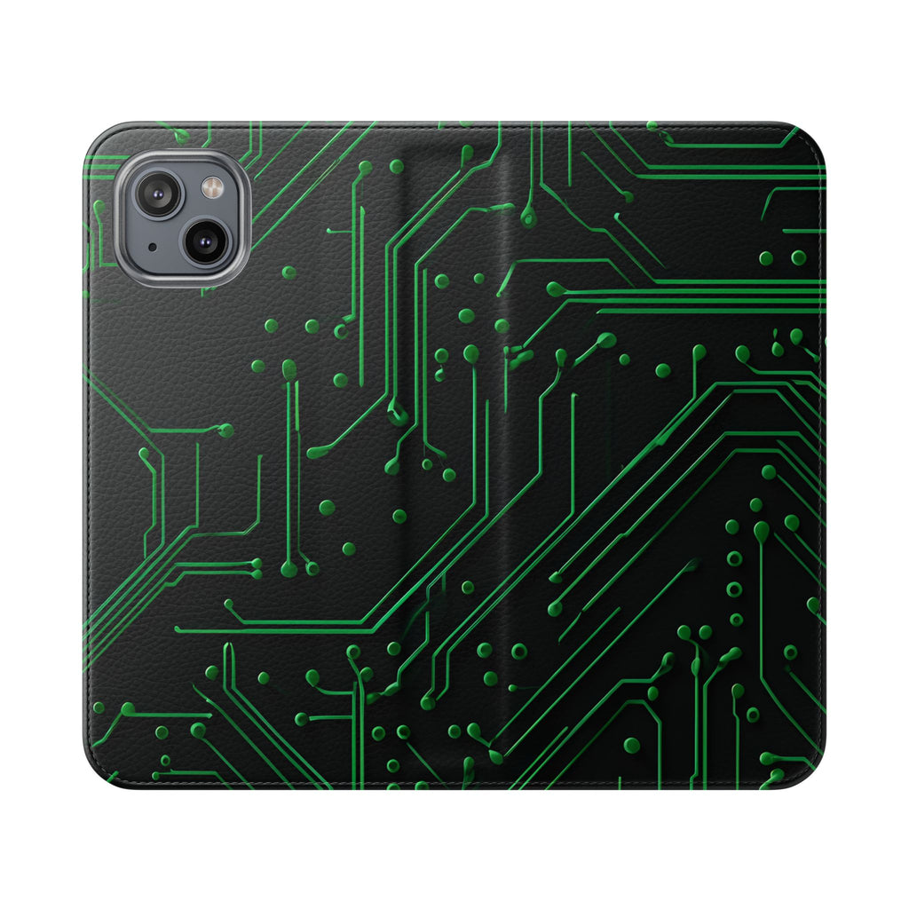 Green Circuit Grid Wallet Phone Case - Green & Black Computer Circuit Design - Flip Cover for iPhone 14 Plus
