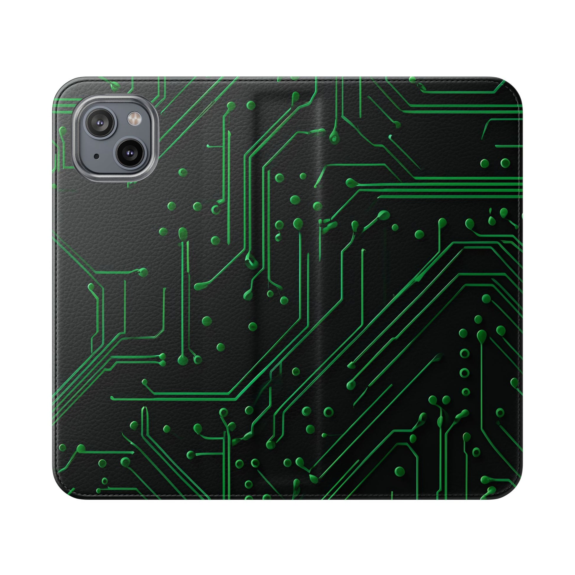 Green Circuit Grid Wallet Phone Case - Green & Black Computer Circuit Design - Flip Cover for iPhone 14 Plus