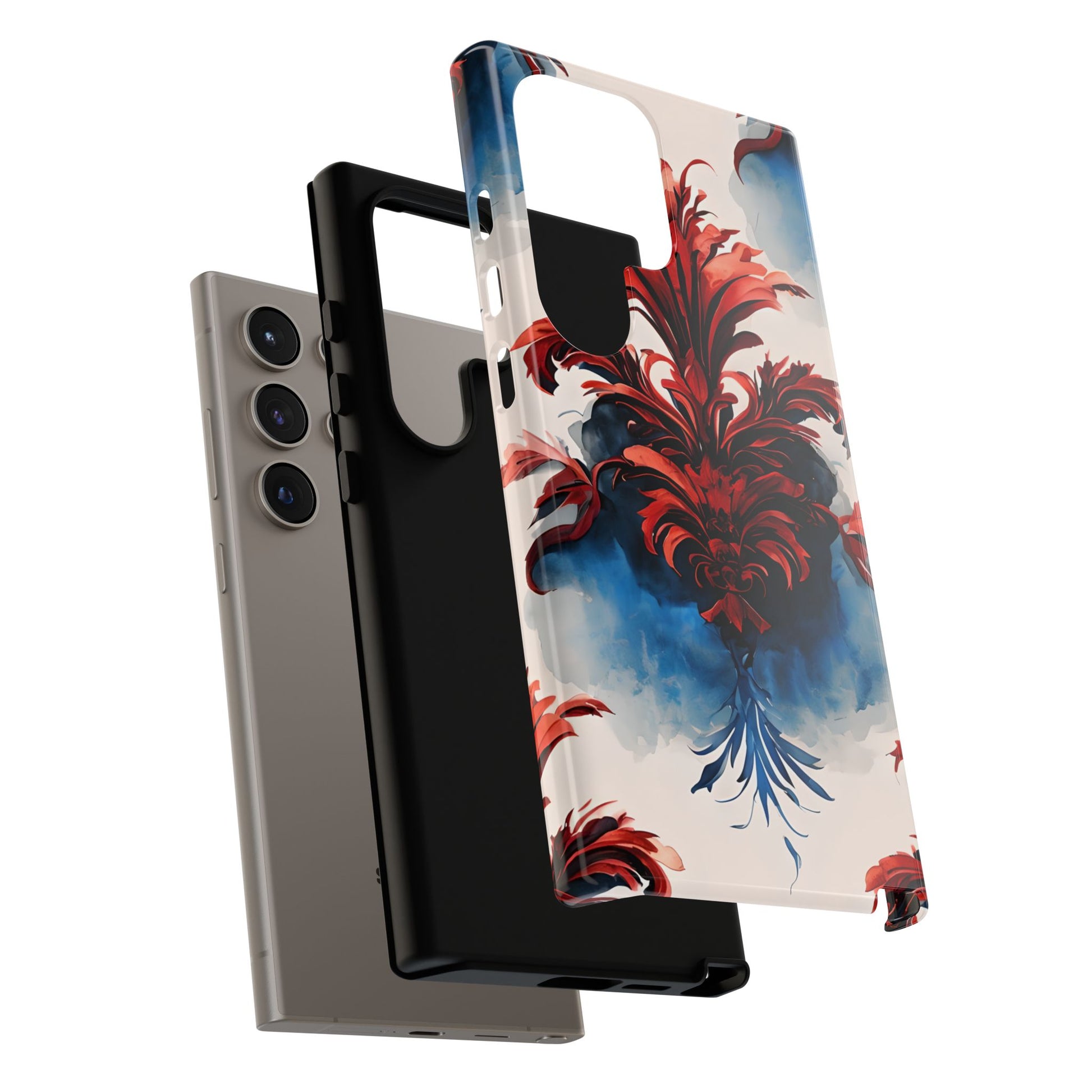 Crimson Plume - Bold Artistic Feather Samsung Galaxy S24 Ultra Tough Phone Case - Dramatic Red & Blue Design