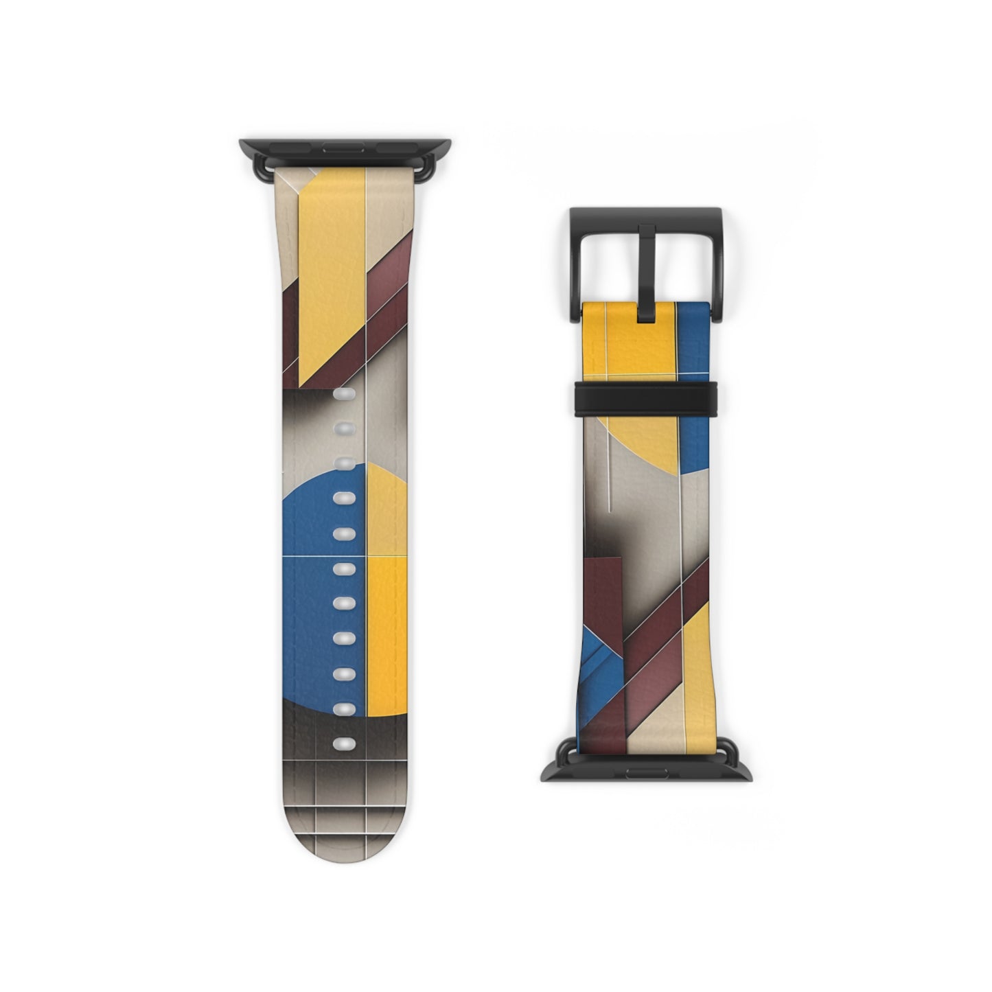 Chromatic Construct Apple Watch band strap with black clasp displaying contemporary geometric pattern with bold color blocks