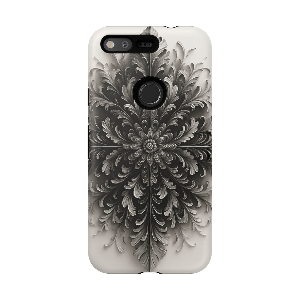 Obsidian Bloom - Elegant Black & White Google Pixel Tough Phone Case - Intricate Mandala Flower Design