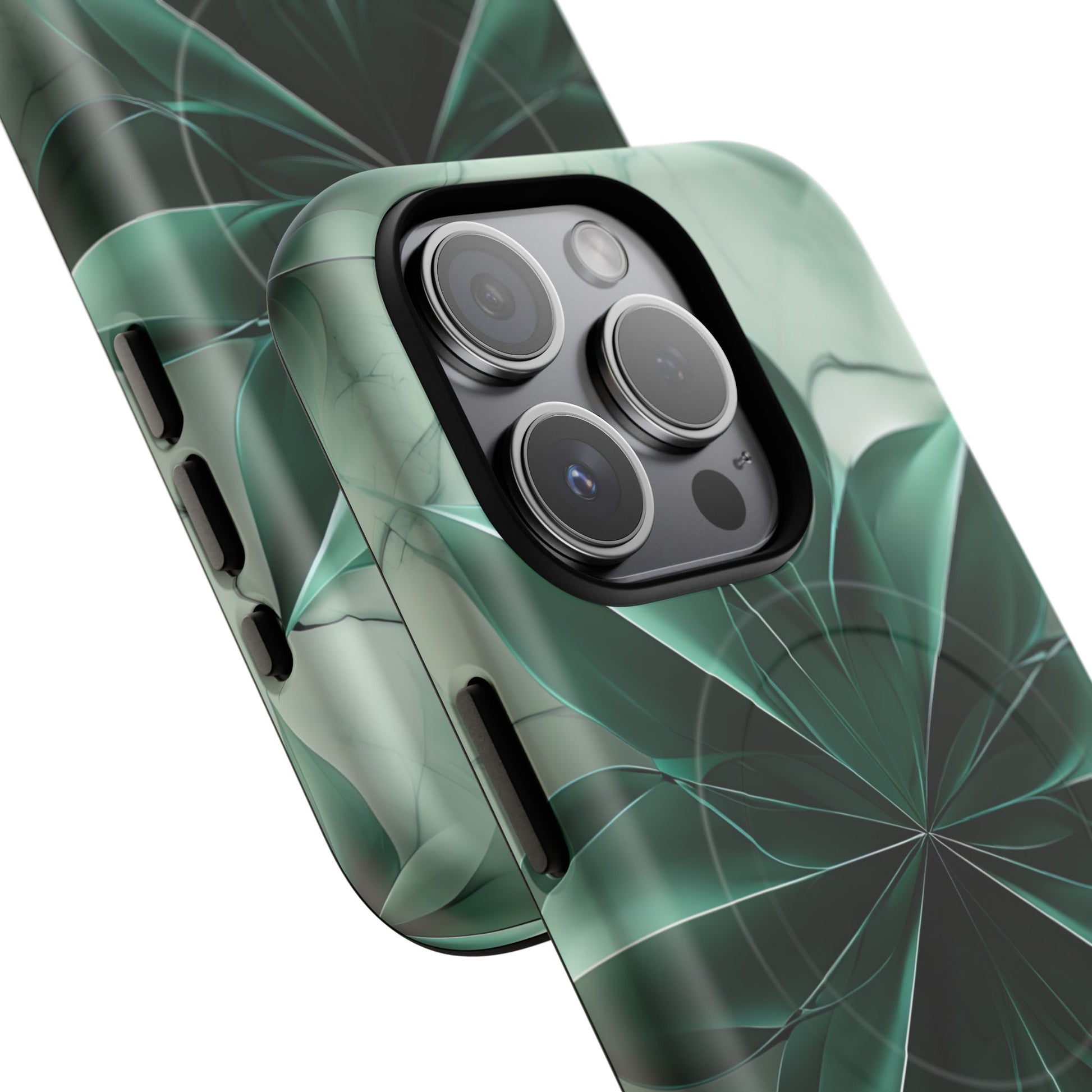 Emerald Bloom iPhone 15 Pro MagSafe Phone Case -Modern Symmetrical Floral Design, Green