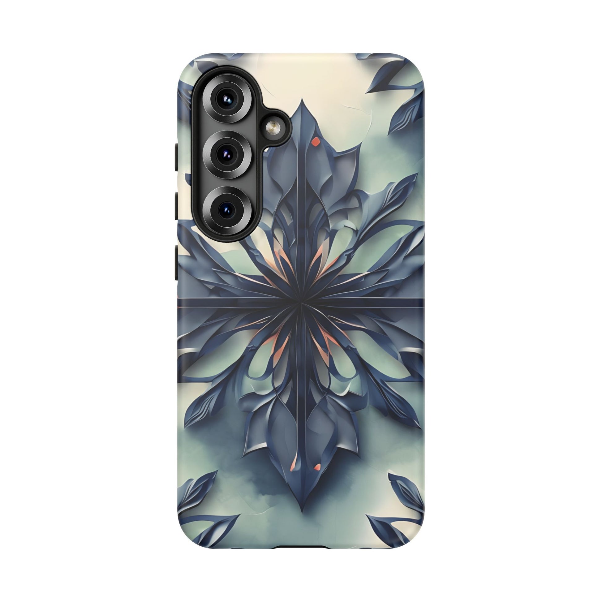 Frosted Indigo Bloom - Artistic Kaleidoscope Collection Artistic Floral - Samsung Galaxy S25 Tough Phone Case - Blue Symmetrical Design