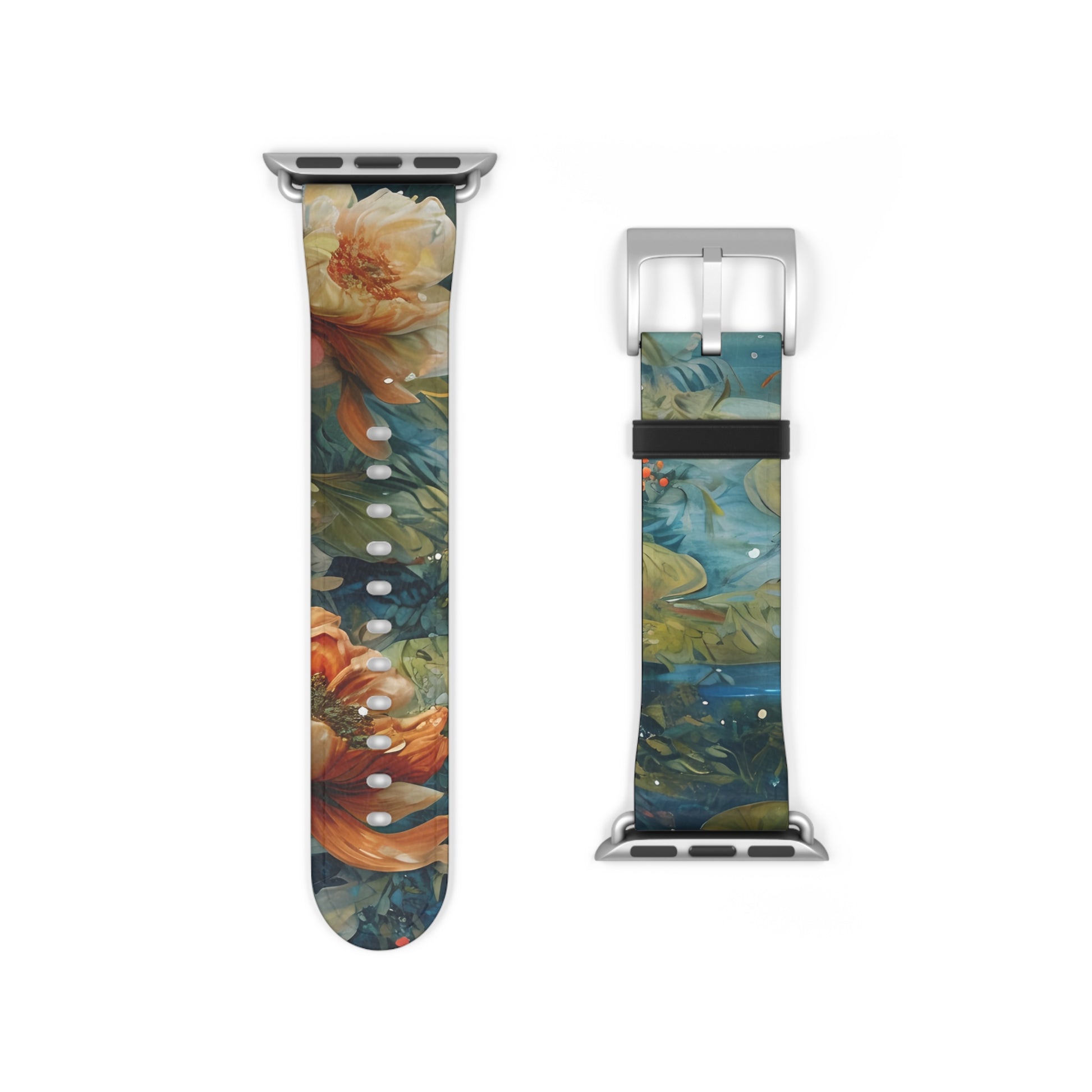 Waterlily Nocturne Apple Watch band strap with silver clasp showing colorful water lily pond artwork in painterly style