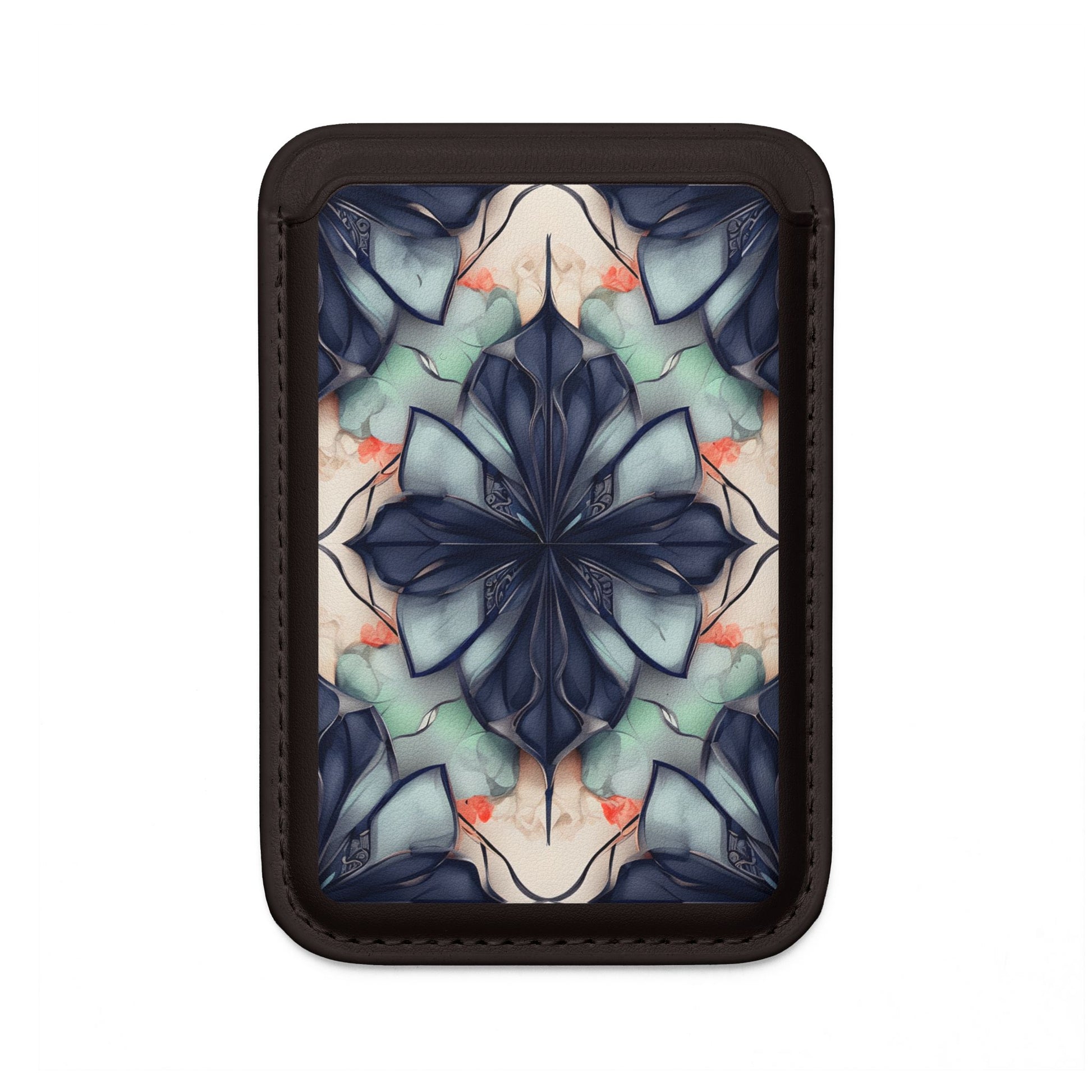 Midnight Mosaic blue floral mandala artwork MagSafe card holder on black magnetic wallet
