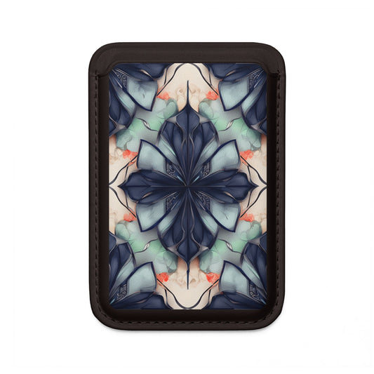 Midnight Mosaic blue floral mandala artwork MagSafe card holder on black magnetic wallet