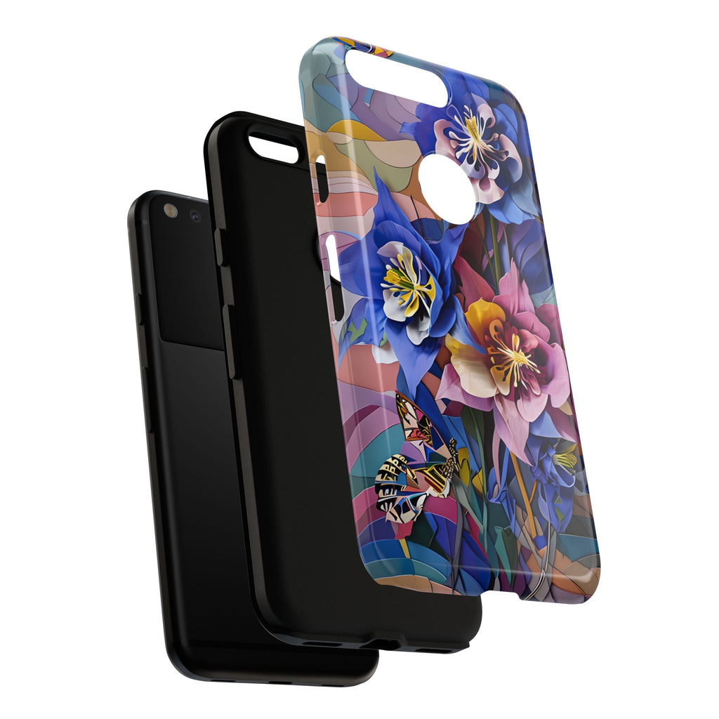 Blue Columbine Carnivale - Artistic Floral & Butterfly Google Pixel Tough Phone Case - Vibrant Botanical Design