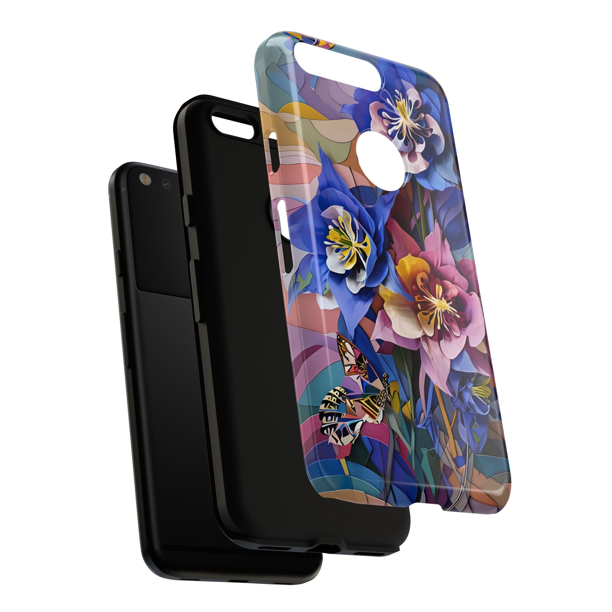 Blue Columbine Carnivale - Artistic Floral & Butterfly Google Pixel Tough Phone Case - Vibrant Botanical Design