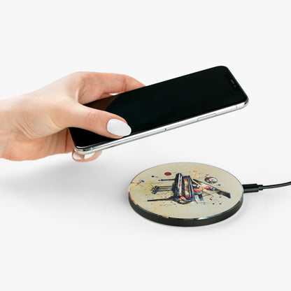 Hand placing smartphone on Keys of Imagination grand piano music design Qi wireless charger
