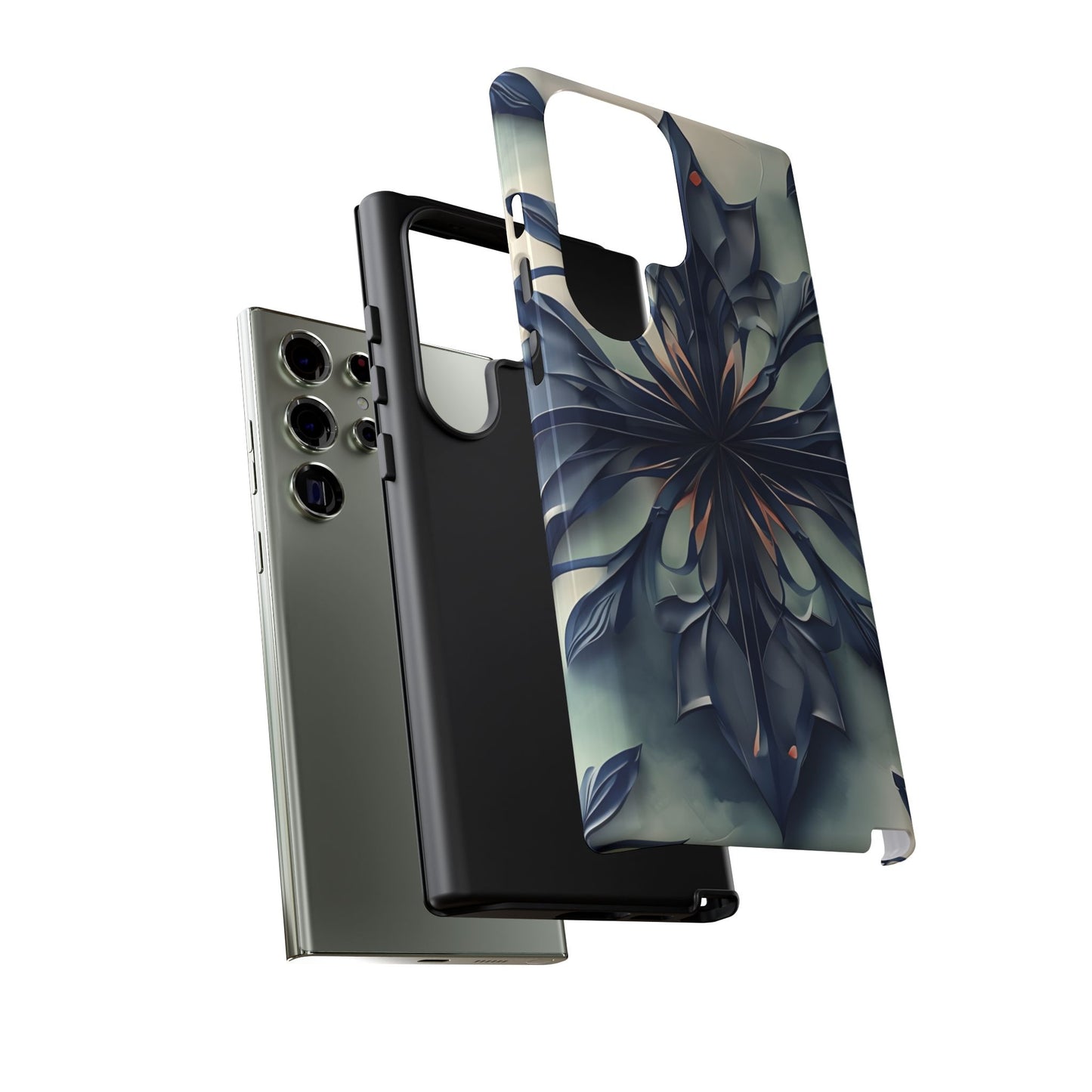Frosted Indigo Bloom Samsung Galaxy dual layer tough case with cool toned abstract bloom pattern, side and back view
