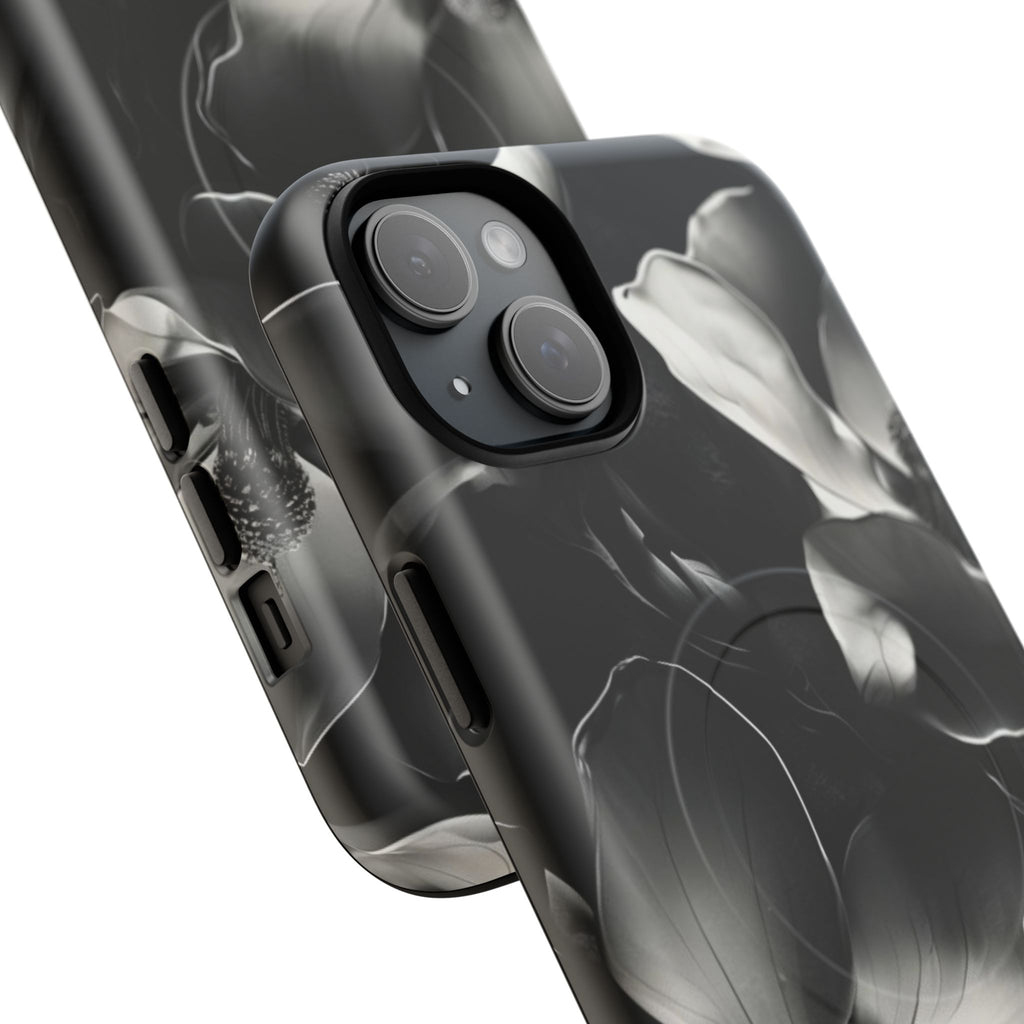 Monochrome Magnolia - Elegant Black & White Floral iPhone 15 Plus MagSafe Phone Case - Artistic Magnolia Design