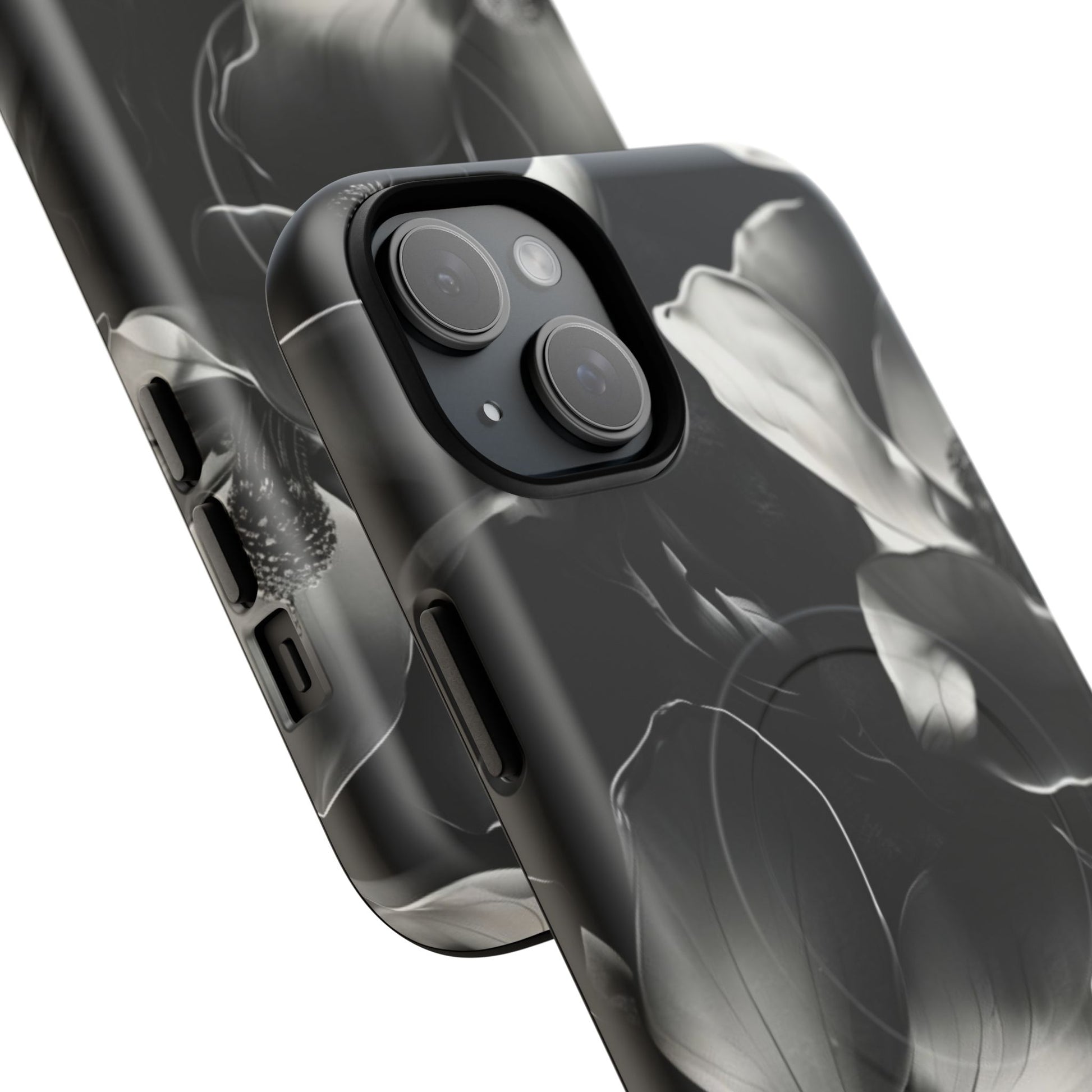 Monochrome Magnolia - Elegant Black & White Floral iPhone 15 Plus MagSafe Phone Case - Artistic Magnolia Design