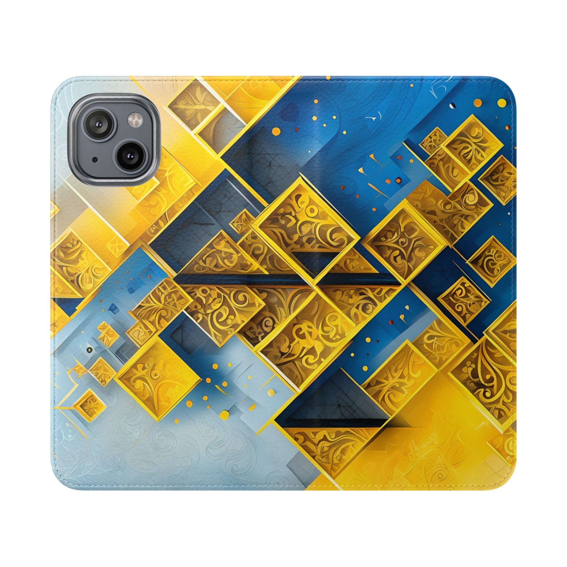 Golden Ascent Wallet Phone Case - Abstract Yellow & Blue Flip Cover for iPhone 14