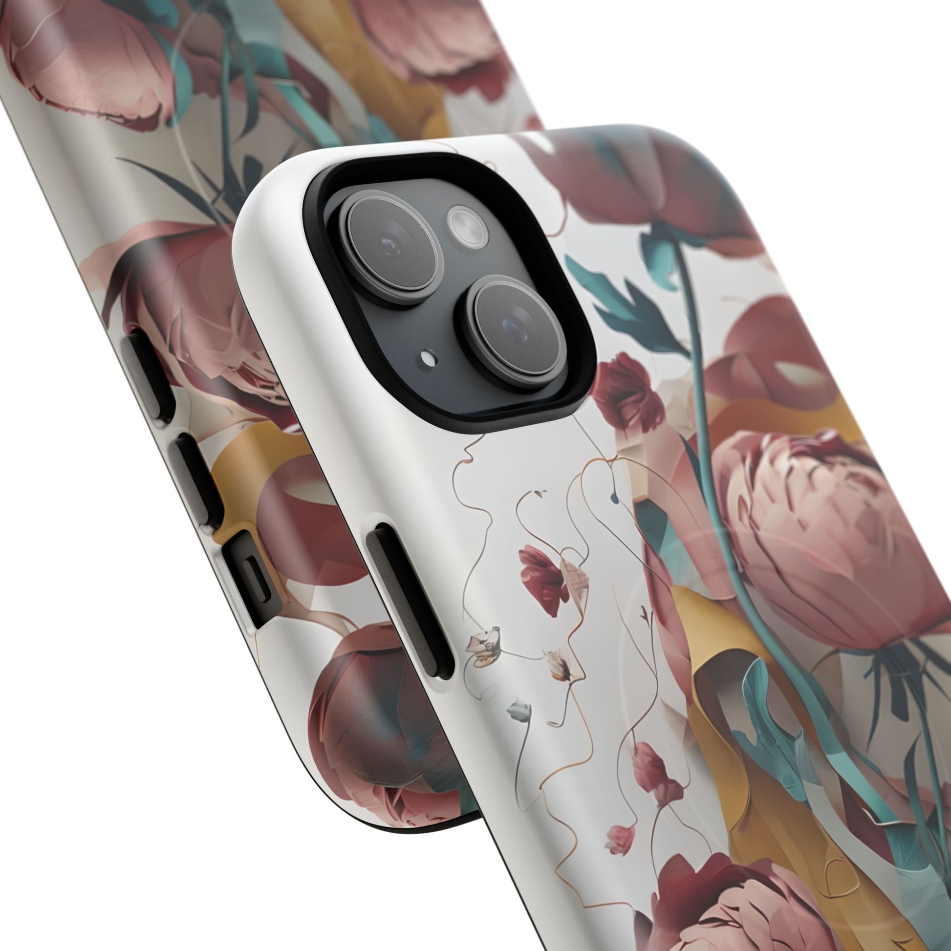 Blushing Peony Veil - Elegant Painterly Floral iPhone 15 Plus MagSafe Phone Case - Soft Blush & Teal Peony Design