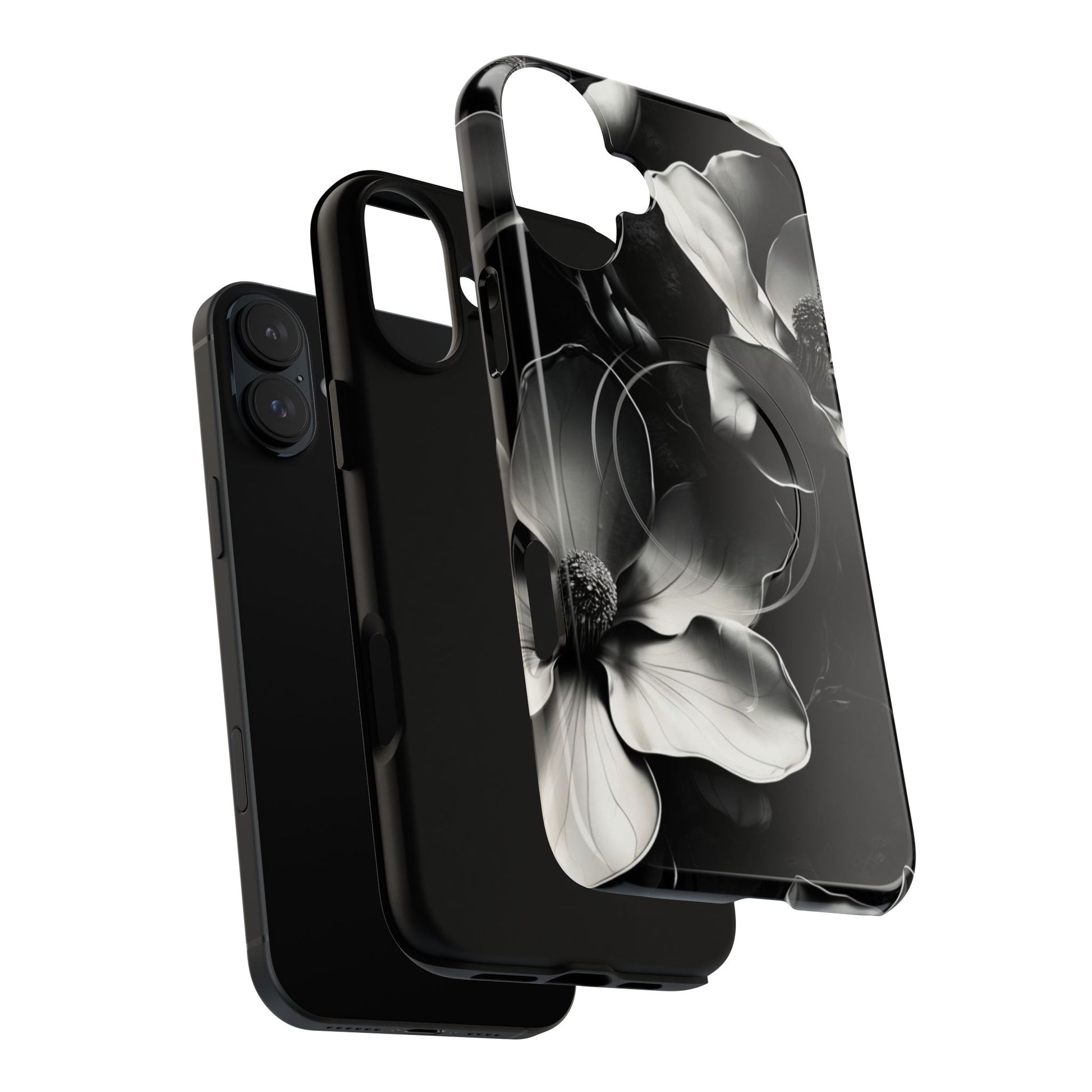 Monochrome Magnolia - Elegant Black & White Floral iPhone 16 Plus MagSafe Phone Case - Artistic Magnolia Design