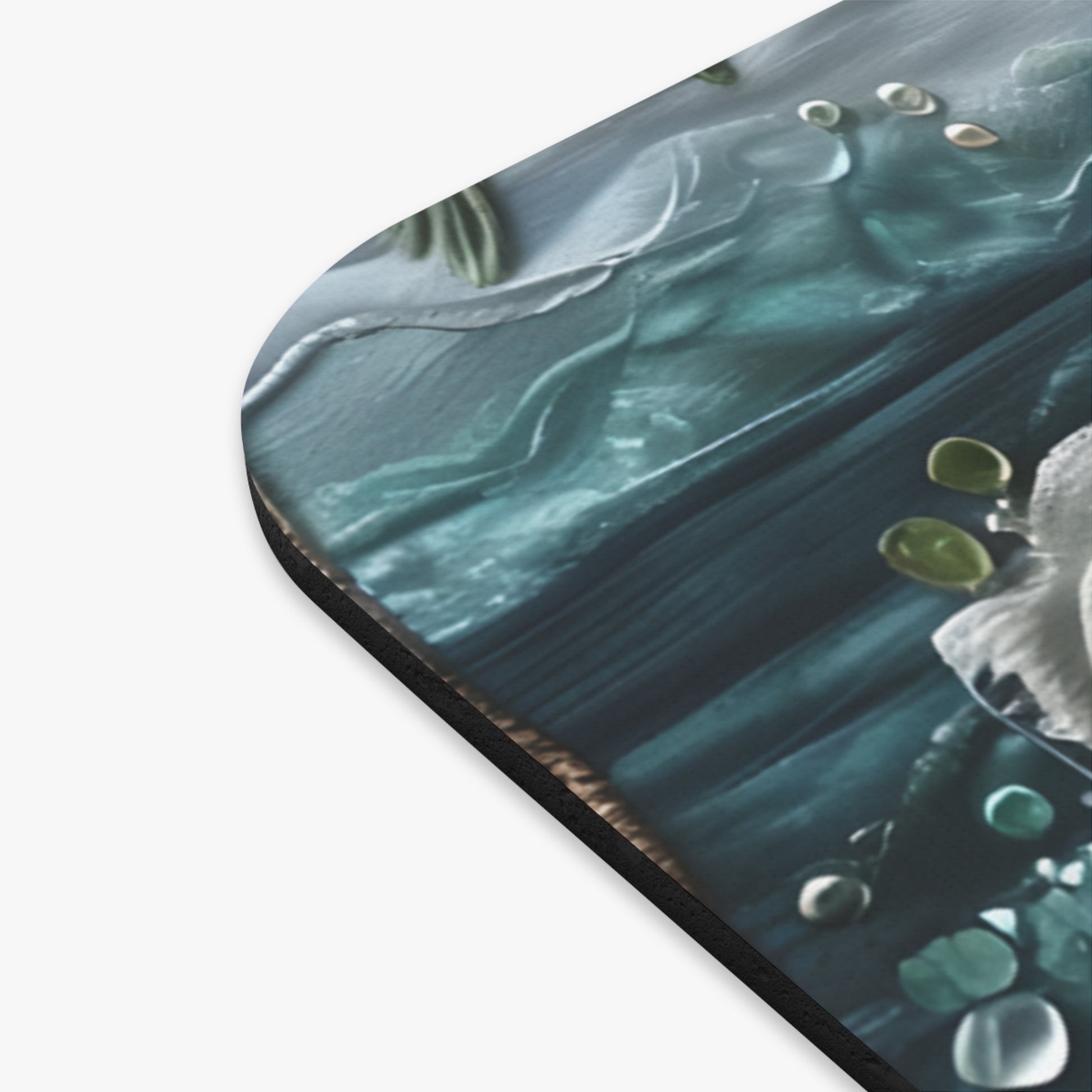Close-up of Tropical Midnight Wave mouse pad showing printed ocean wave design detail