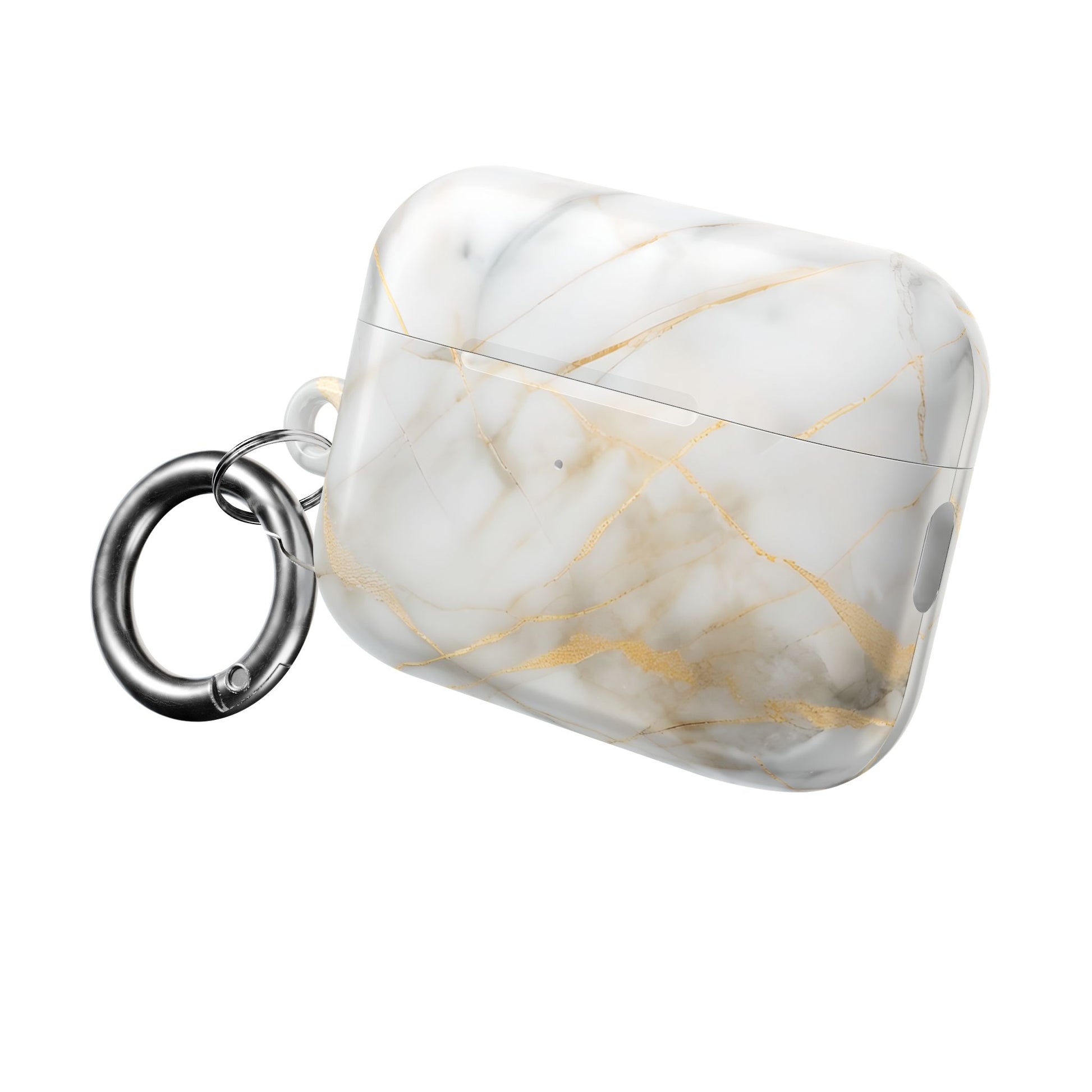 Golden Vein AirPods protective case with white marble design and attached carabiner clip