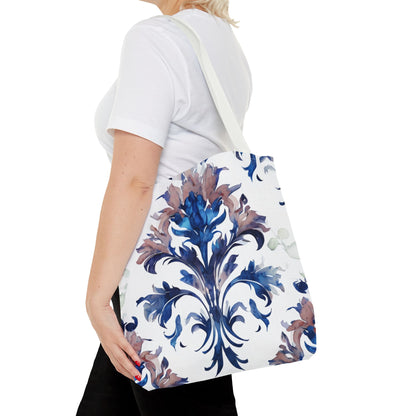 Delft Reverie canvas tote bag worn over shoulder showing classic blue floral artwork
