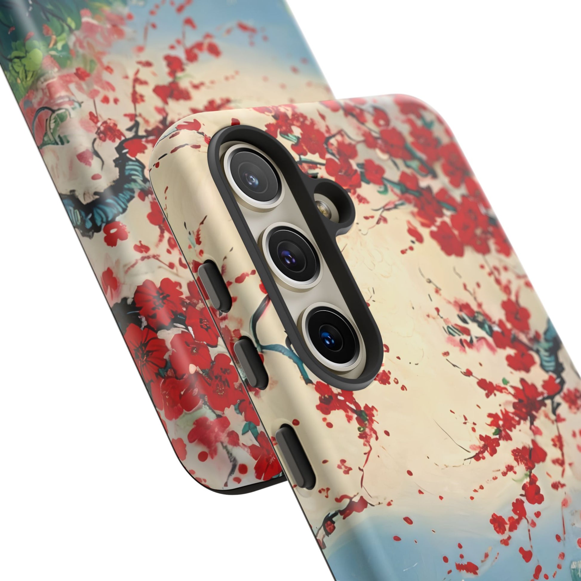 Crimson Blossom Lake - Artistic Floral Landscape Samsung Galaxy S24 Tough Phone Case - Red Cherry Blossoms & Serene Lake Design