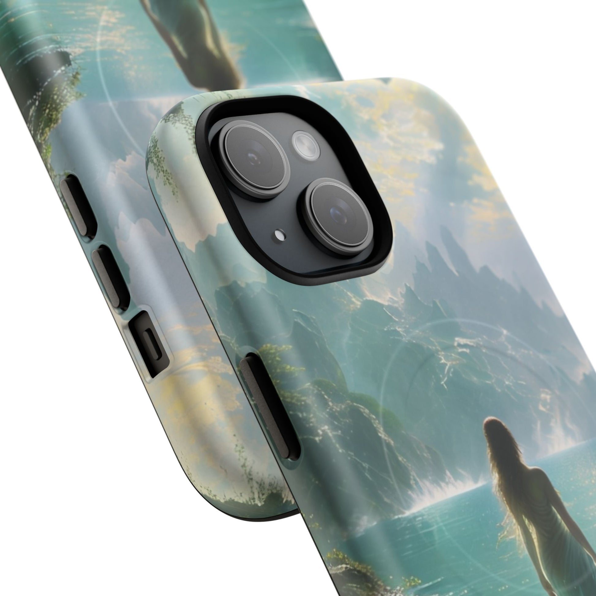 Celestial Tides - Dreamscape Art iPhone 15 MagSafe Phone Case -Ethereal Woman & Fantasy Landscape Design