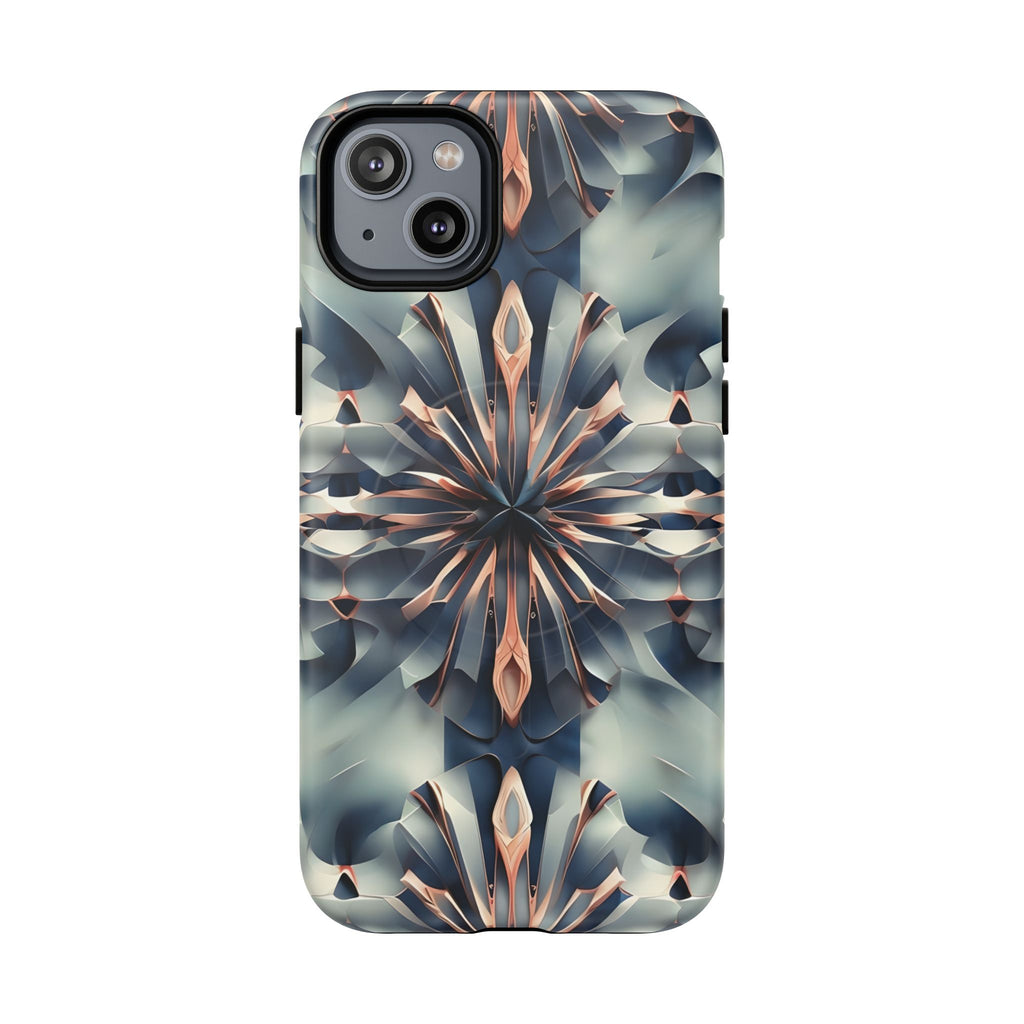 Obsidian Kaleidoscope Artistic Floral Burst - iPhone 14 Plus MagSafe Phone Case -Blue, Peach and Silver Symmetrical Design