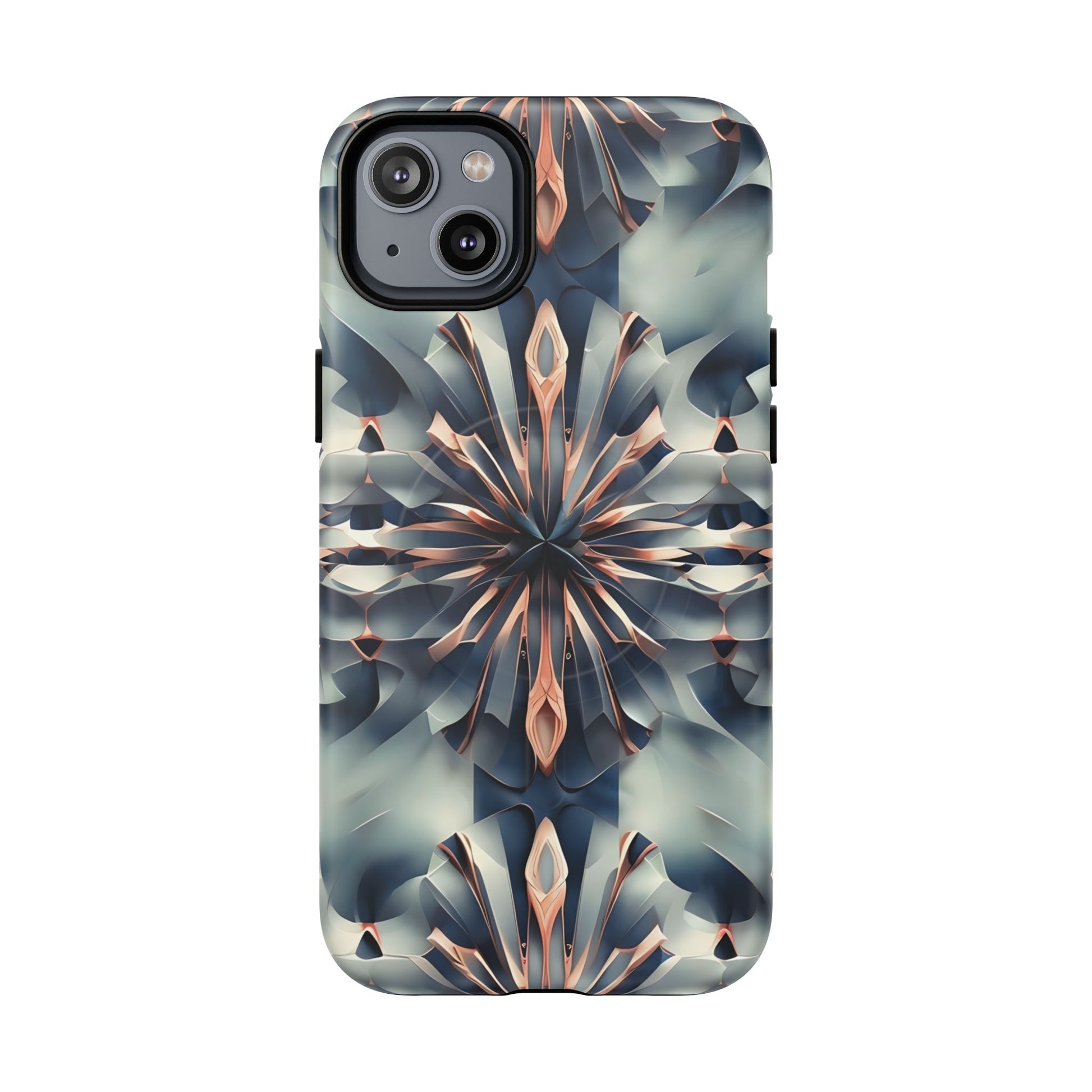 Obsidian Kaleidoscope Artistic Floral Burst - iPhone 14 Plus MagSafe Phone Case -Blue, Peach and Silver Symmetrical Design