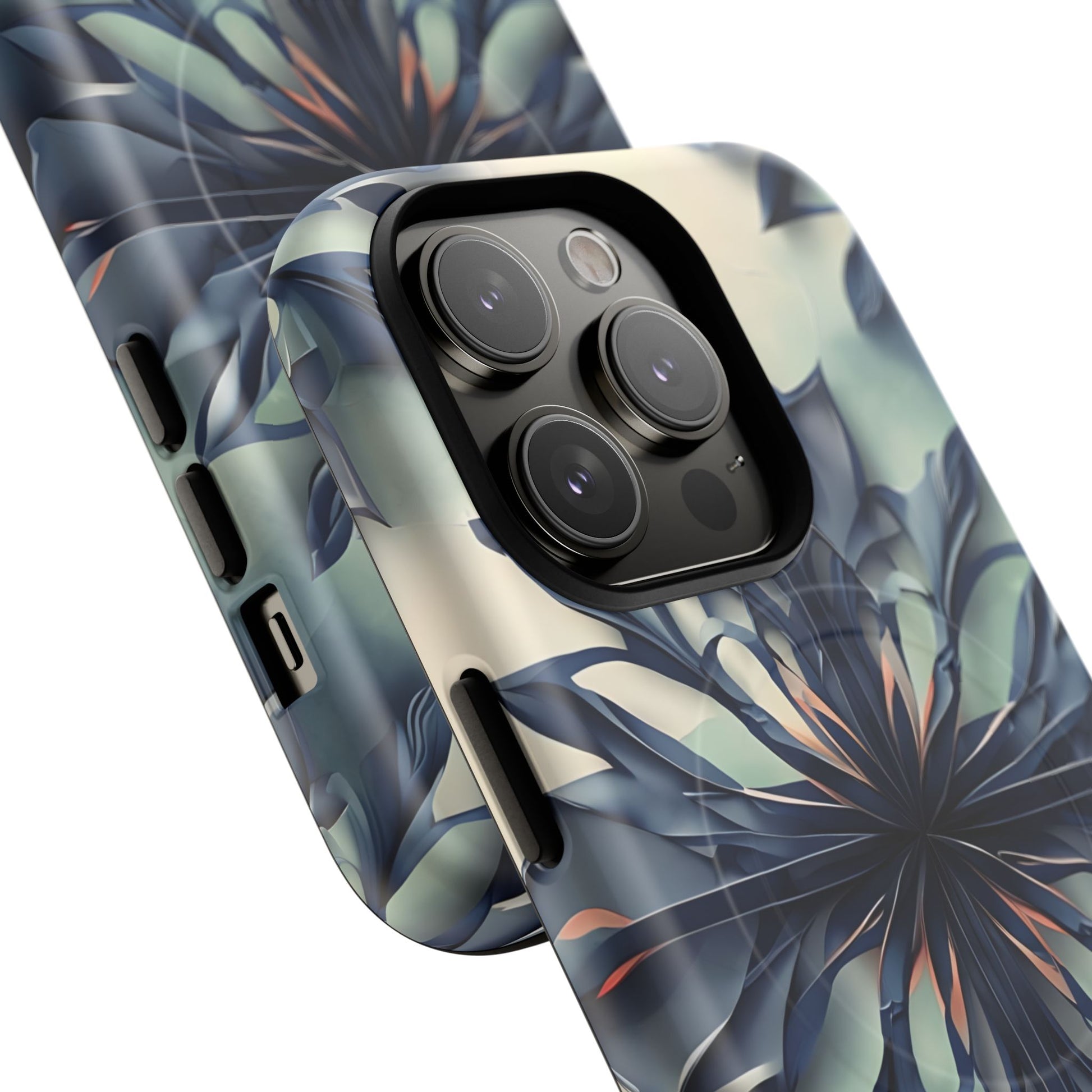 Frosted Indigo Bloom - Artistic Kaleidoscope Collection Artistic Floral - iPhone 14 Pro MagSafe Phone Case -Blue Symmetrical Design