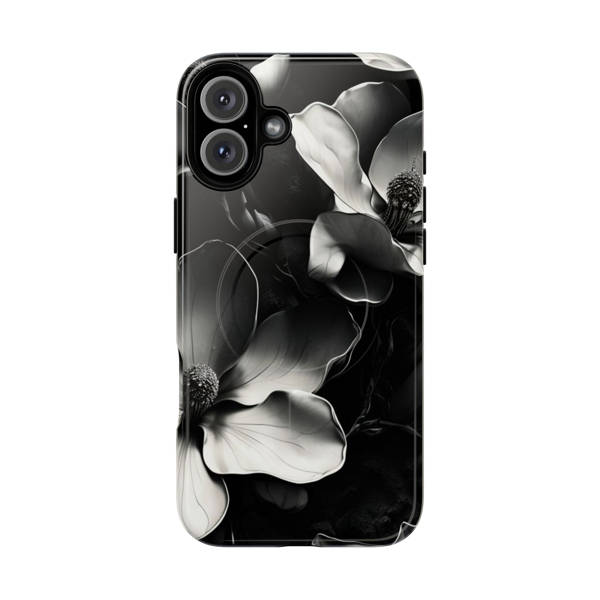 Monochrome Magnolia - Elegant Black & White Floral iPhone 16 Plus MagSafe Phone Case - Artistic Magnolia Design