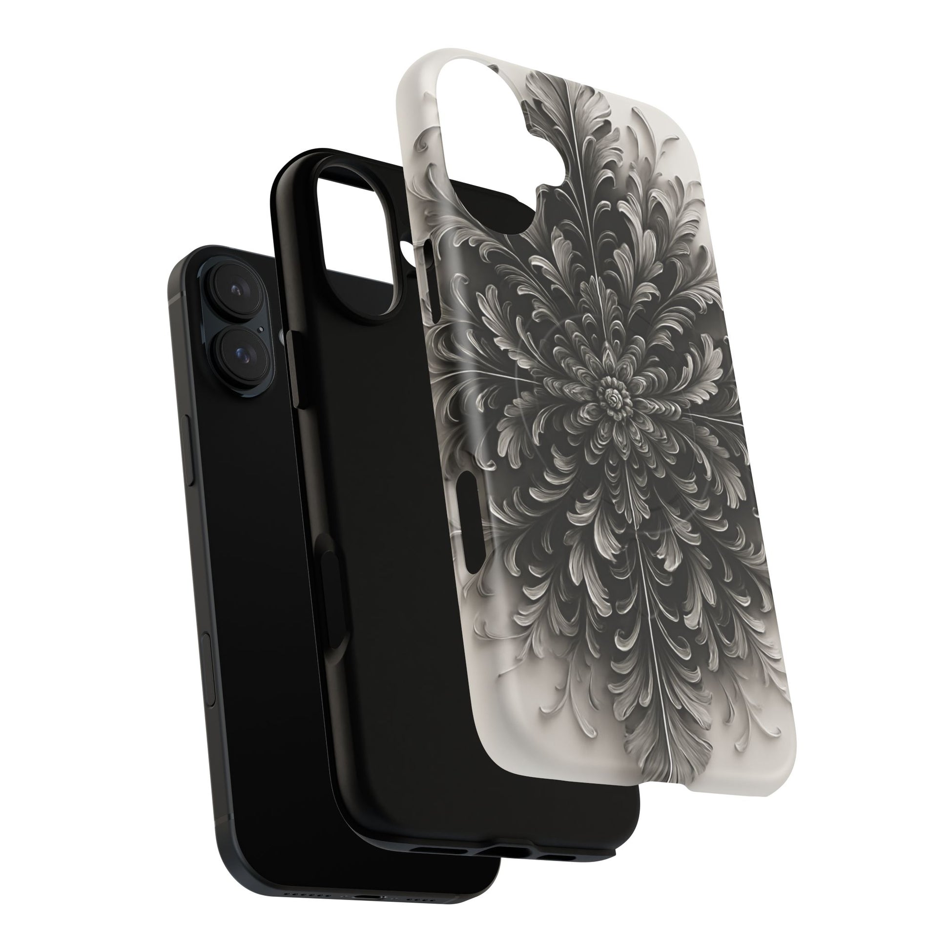 Obsidian Bloom - Elegant Black & White iPhone 16 Plus MagSafe Phone Case - Intricate Mandala Flower Design