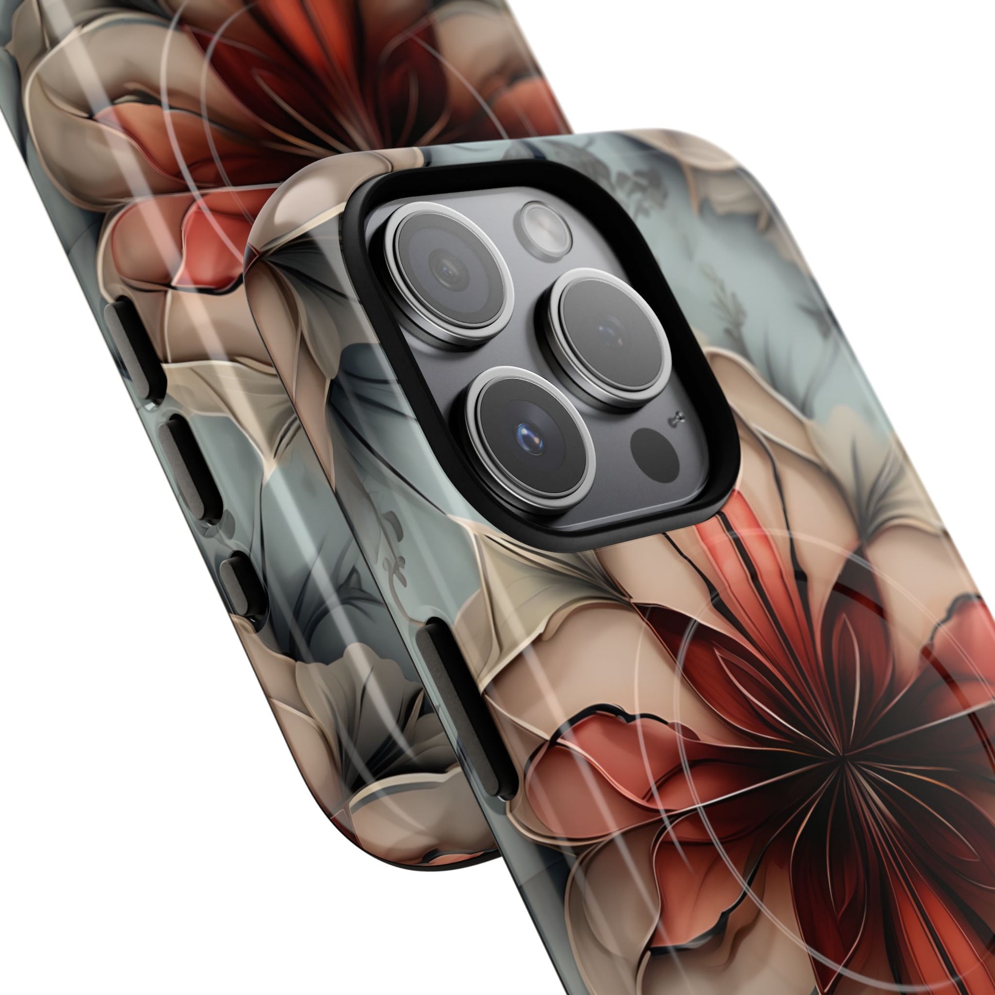 Ember Bloom - Kaleidoscope Collection Artistic Floral iPhone 15 Pro MagSafe Phone Case - Fiery Symmetrical Design