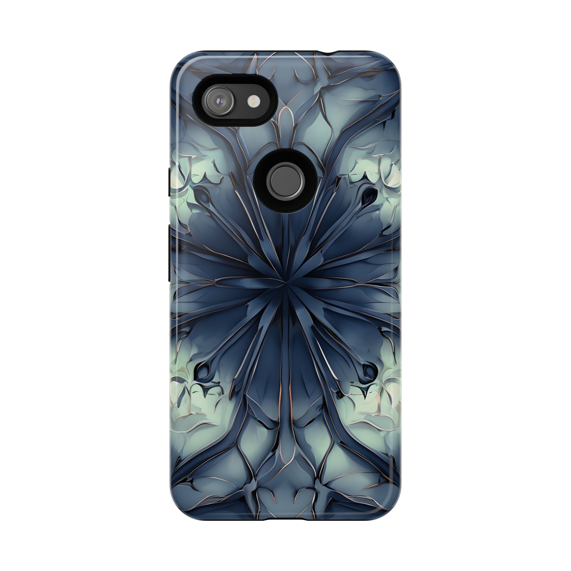 Indigo Mosaic - Artistic Kaleidoscope Collection Artistic Floral - Google Pixel 3a XL Tough Phone Case - Bold Blue Symmetrical Design