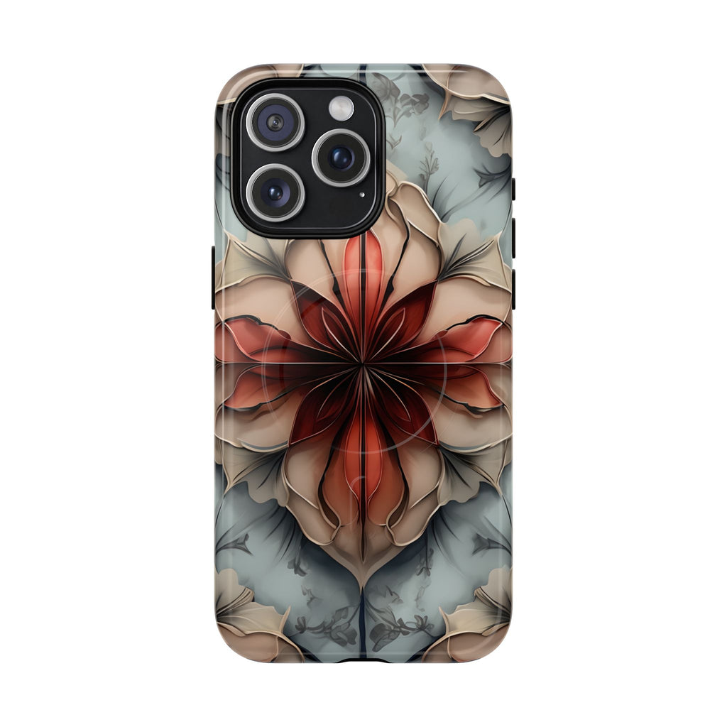 Ember Bloom - Kaleidoscope Collection Artistic Floral iPhone 15 Pro Max MagSafe Phone Case - Fiery Symmetrical Design