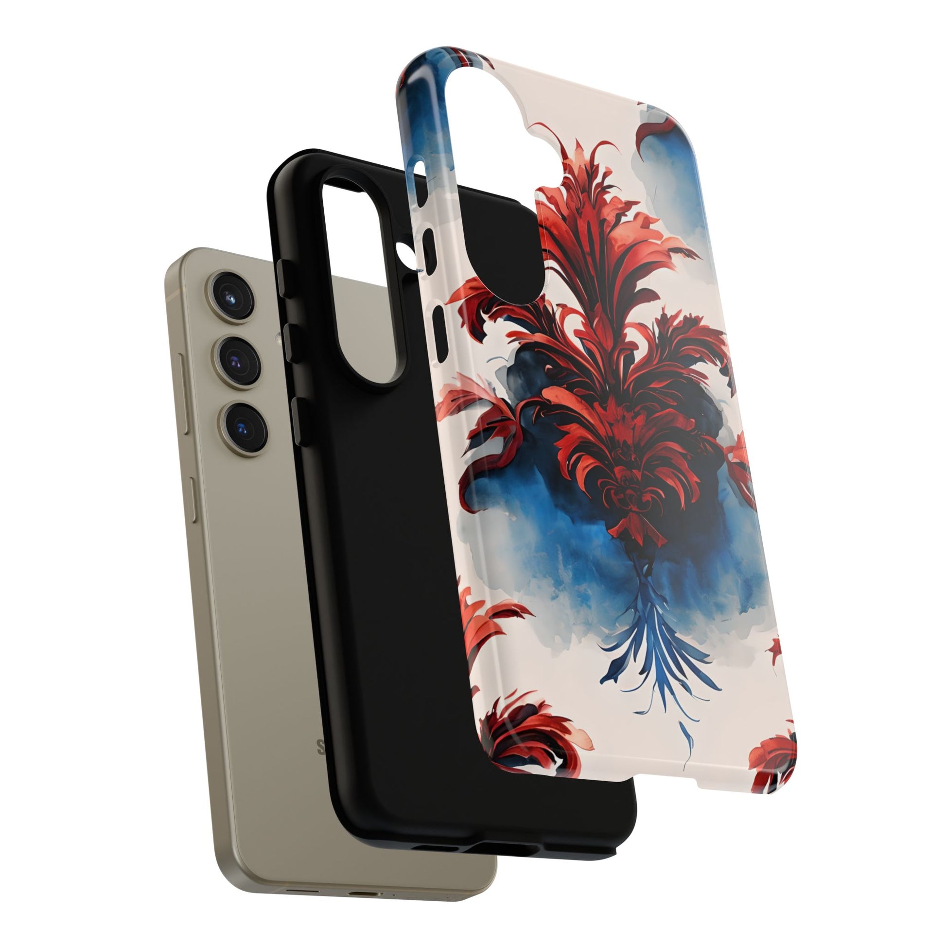 Crimson Plume - Bold Artistic Feather Samsung Galaxy S24 Tough Phone Case - Dramatic Red & Blue Design