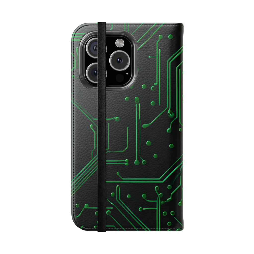 Green Circuit Grid Wallet Phone Case - Green & Black Computer Circuit Design - Flip Cover for iPhone 16 Pro