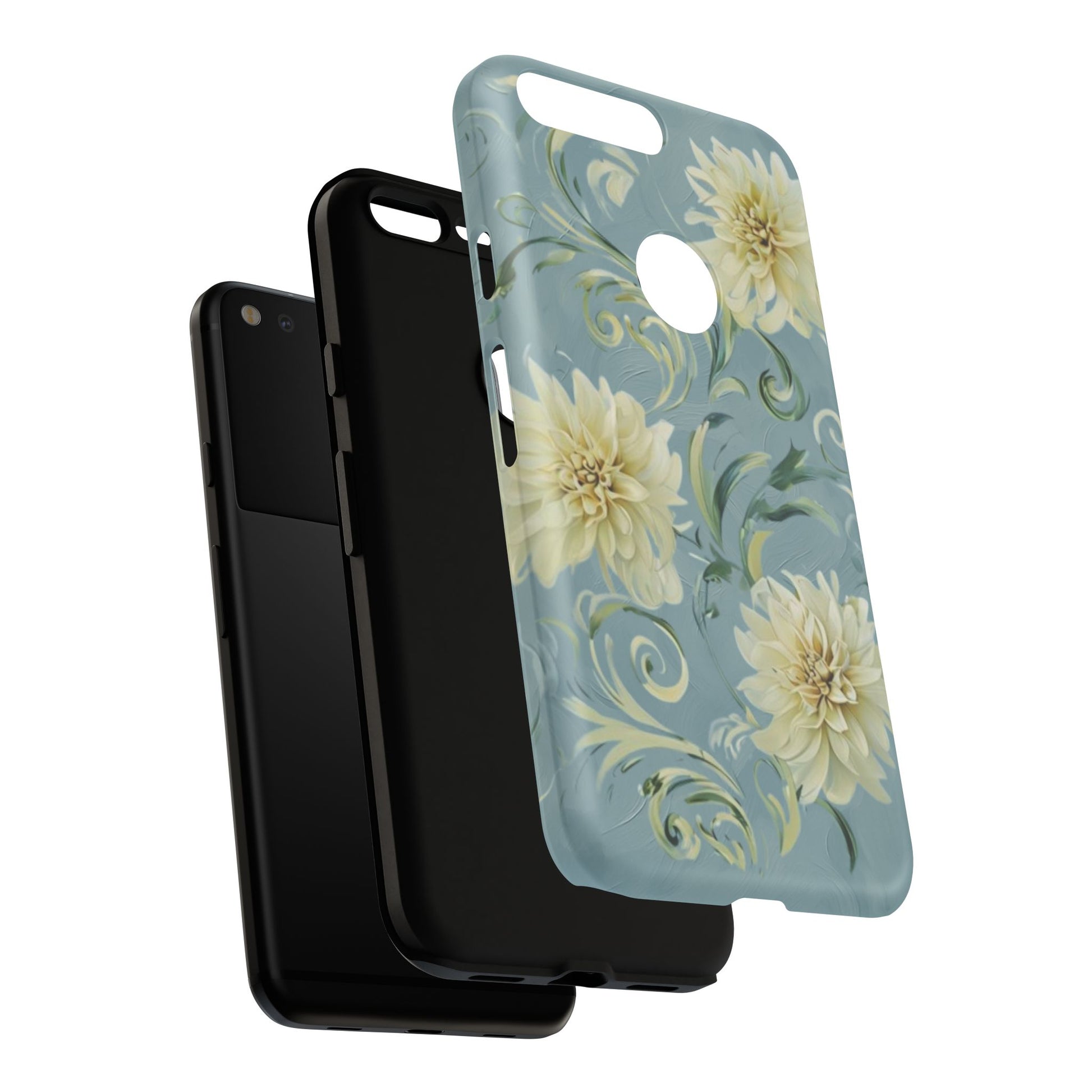 Golden Dahlia Trio - Elegant Floral Google Pixel XL Tough Phone Case - Artistic White & Blue Dahlia Design