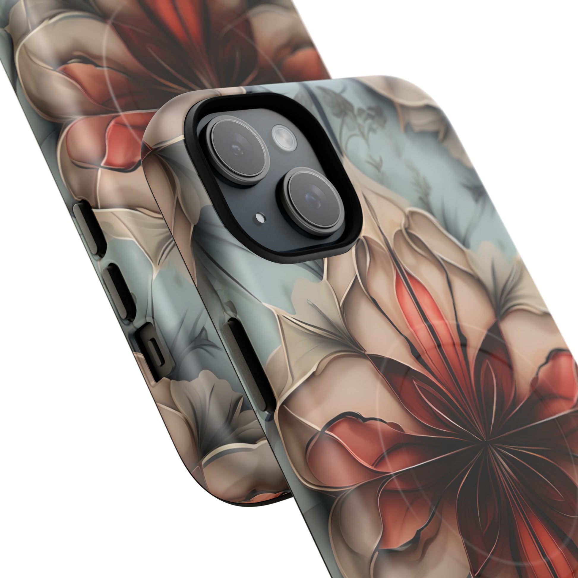 Ember Bloom - Kaleidoscope Collection Artistic Floral iPhone 15 Plus MagSafe Phone Case - Fiery Symmetrical Design