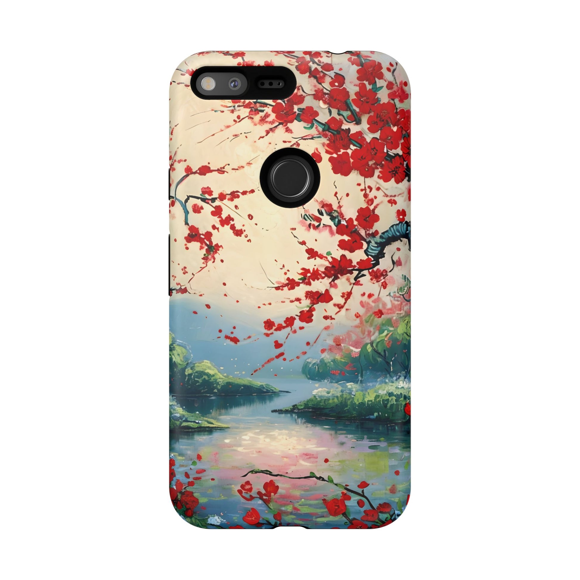 Crimson Blossom Lake - Artistic Floral Landscape Google Pixel XL Tough Phone Case - Red Cherry Blossoms & Serene Lake Design