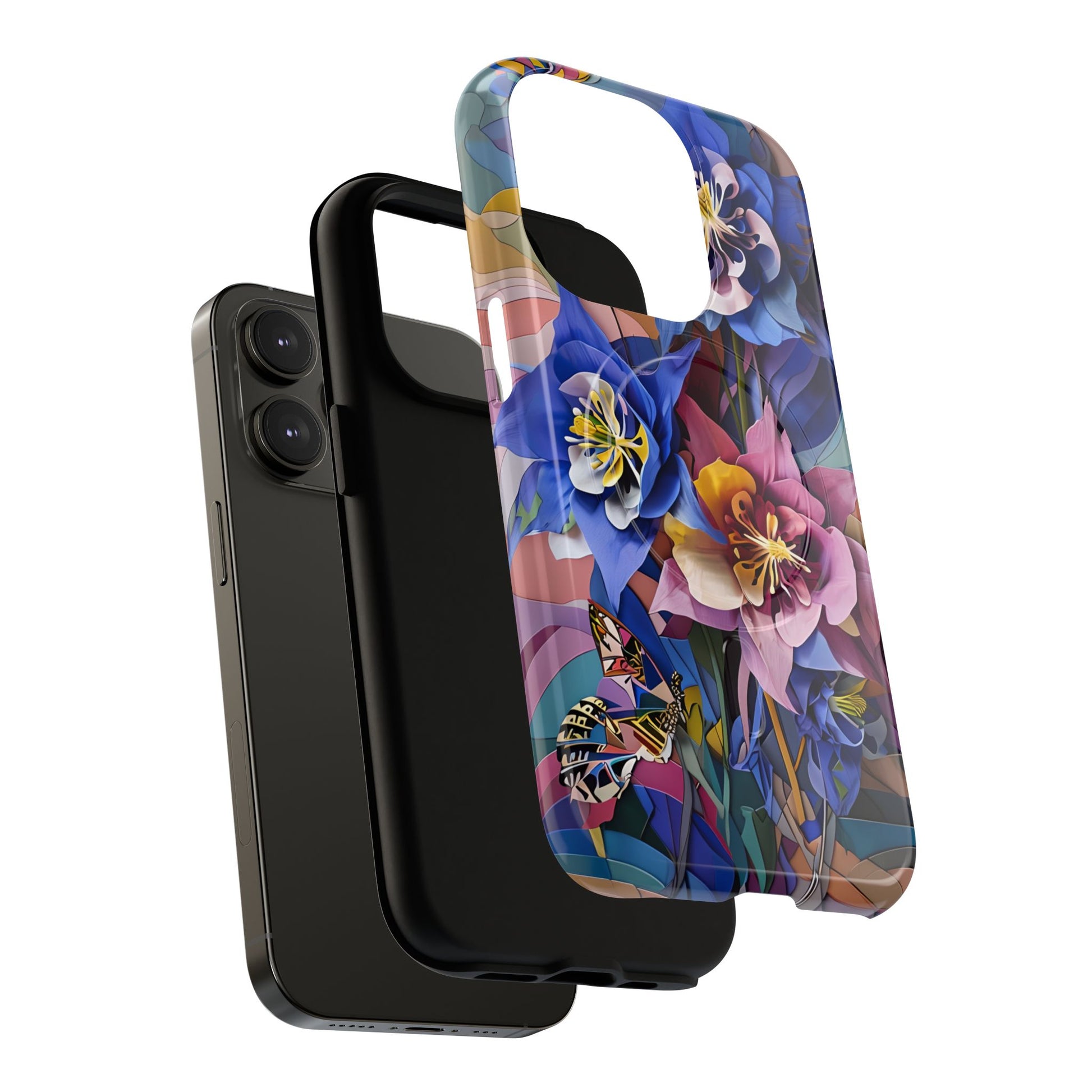 Blue Columbine Carnivale - Artistic Floral & Butterfly iPhone 14 Pro MagSafe Phone Case - Vibrant Botanical Design