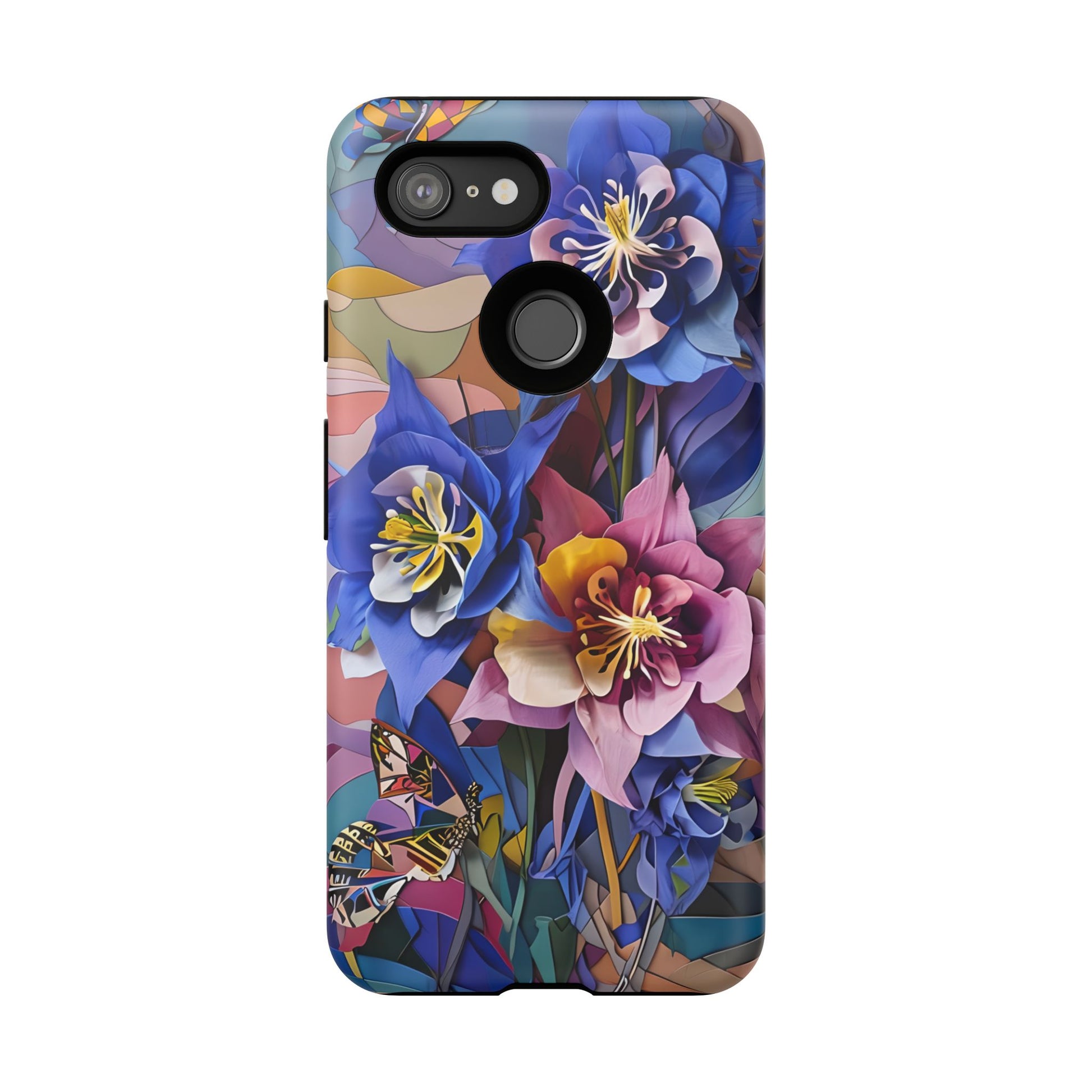 Blue Columbine Carnivale - Artistic Floral & Butterfly Google Pixel 3 Tough Phone Case - Vibrant Botanical Design