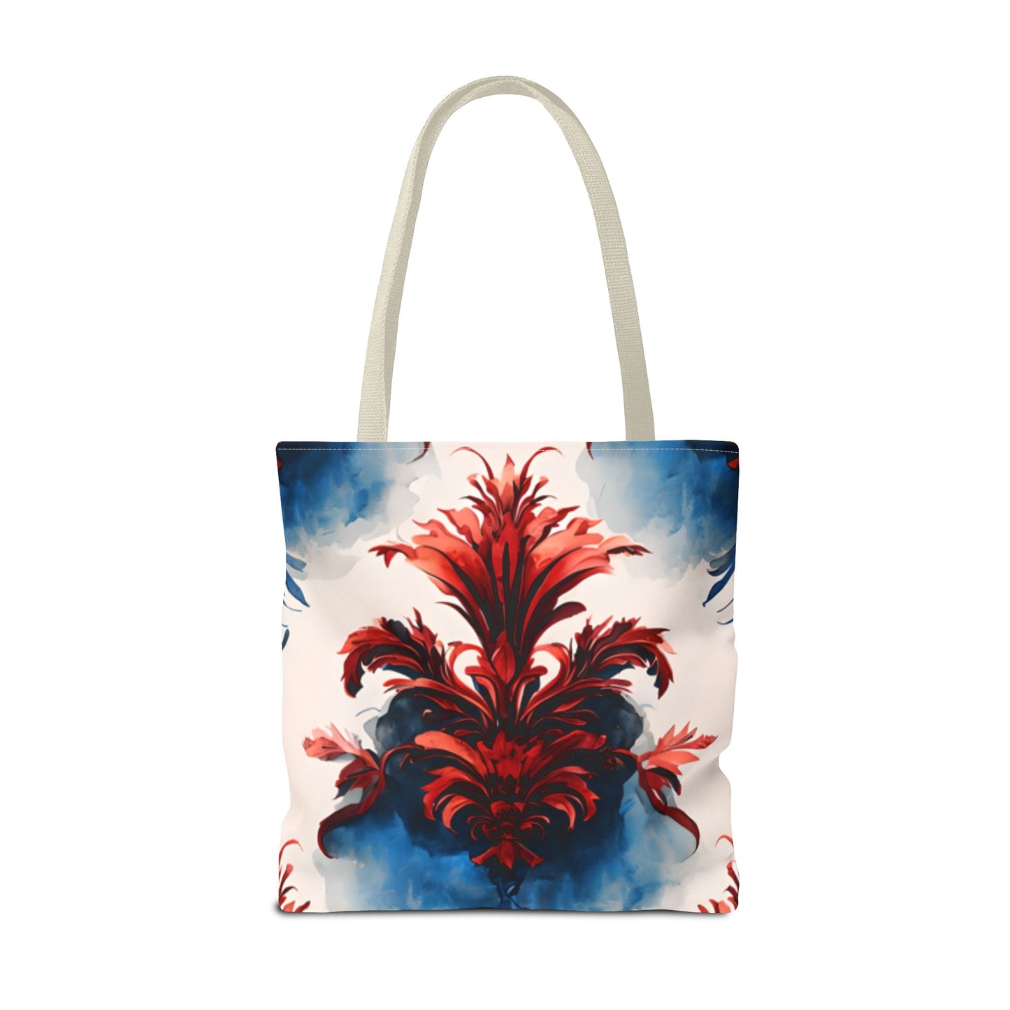 Crimson Plume Tote Bag (16x16 & 18x18)- Bold Abstract Floral in Red and Blue, Reusable & Eco-Friendly