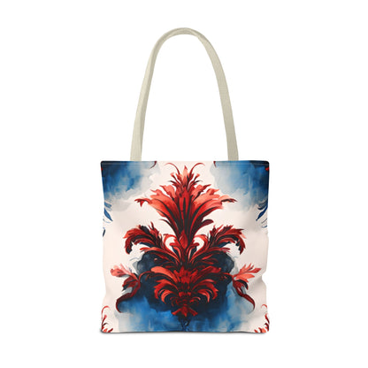 Crimson Plume Tote Bag (16x16 & 18x18)- Bold Abstract Floral in Red and Blue, Reusable & Eco-Friendly