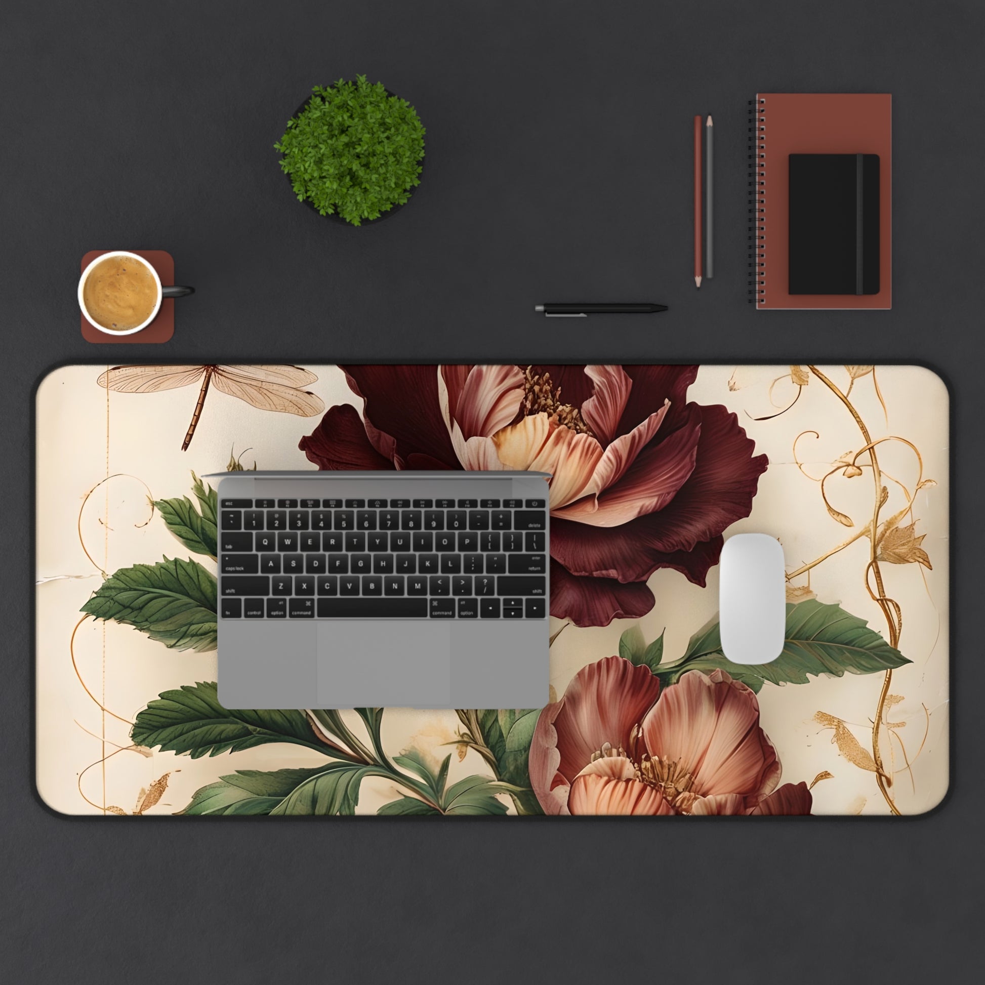 Vintage Burgundy Rose Designer Desk Mat - Premium Office Desk Pad, 3 Sizes Available, Artistic Workspace Protection