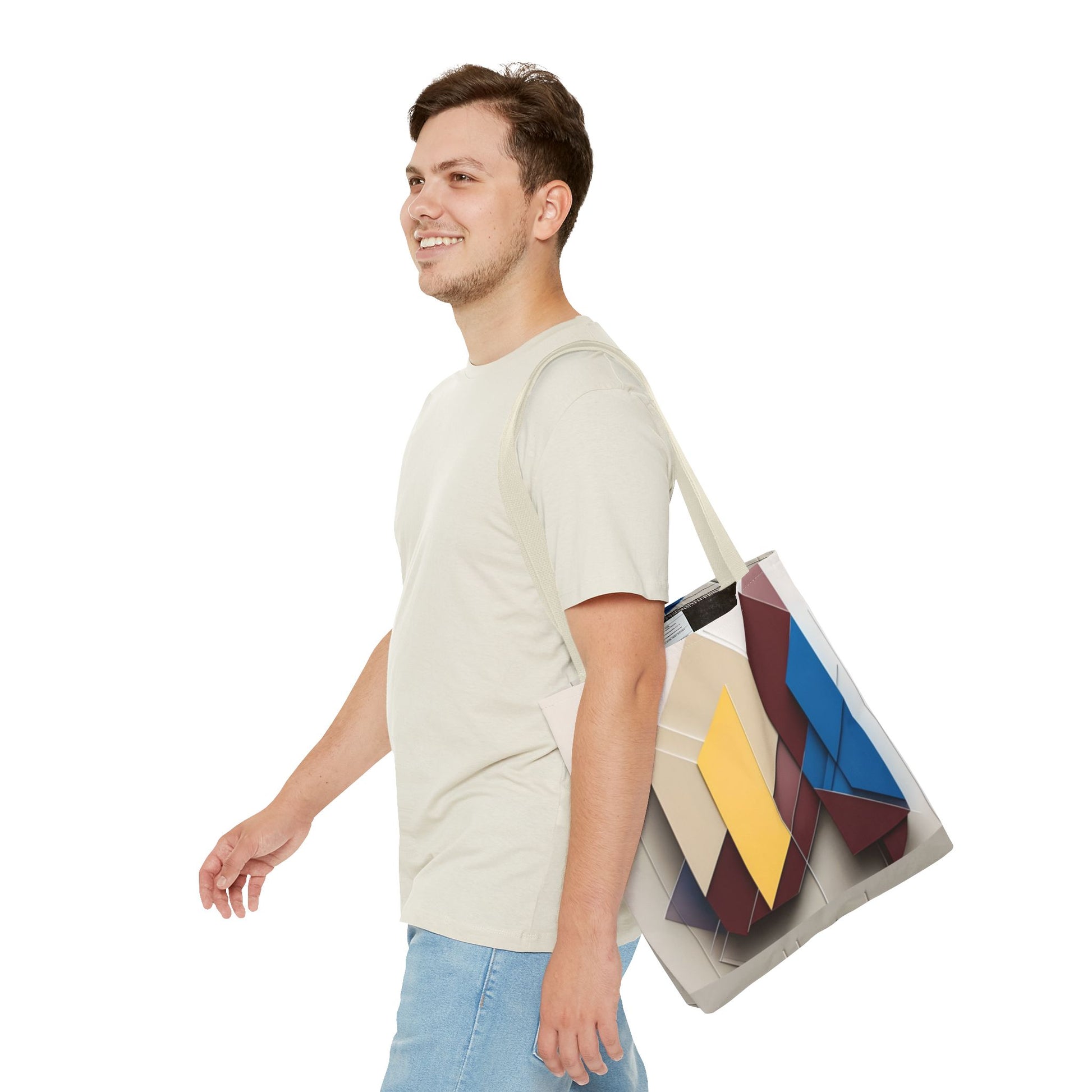 Chromatic Construct Tote Bag (16x16 & 18x18)- Bold Geometric Colorblock on Beige Canvas, Reusable & Eco-Friendly