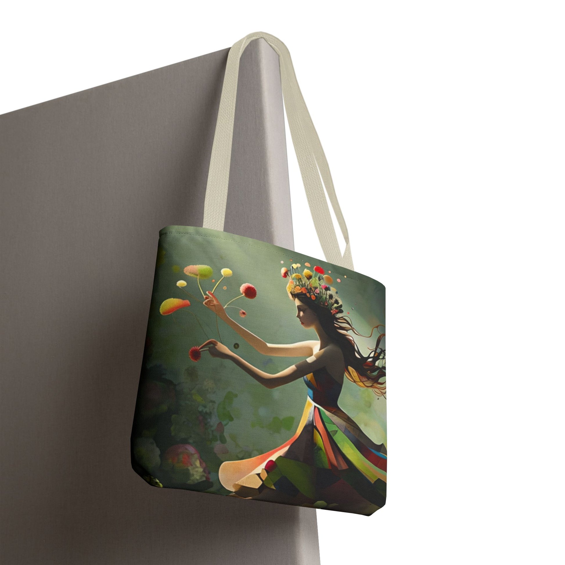 Dancing Wildflower Muse Tote (16x16 & 18x18)- Ethereal Spring Dancer in Floral Meadow, Reusable & Eco-Friendly Canvas