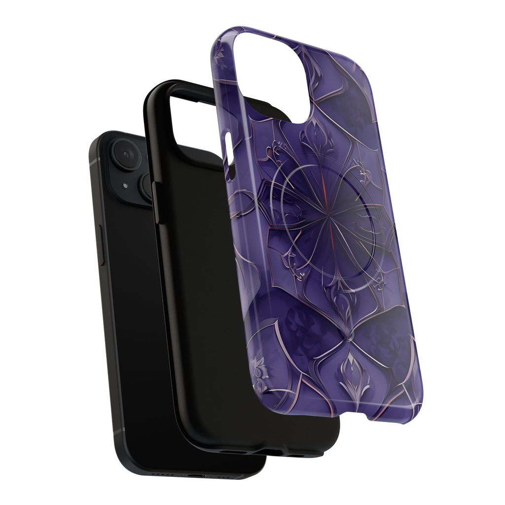Violet Nebula - Kaleidoscope Collection Artistic Floral Burst - iPhone 15 MagSafe Phone Case -Bold Purple Symmetrical Design