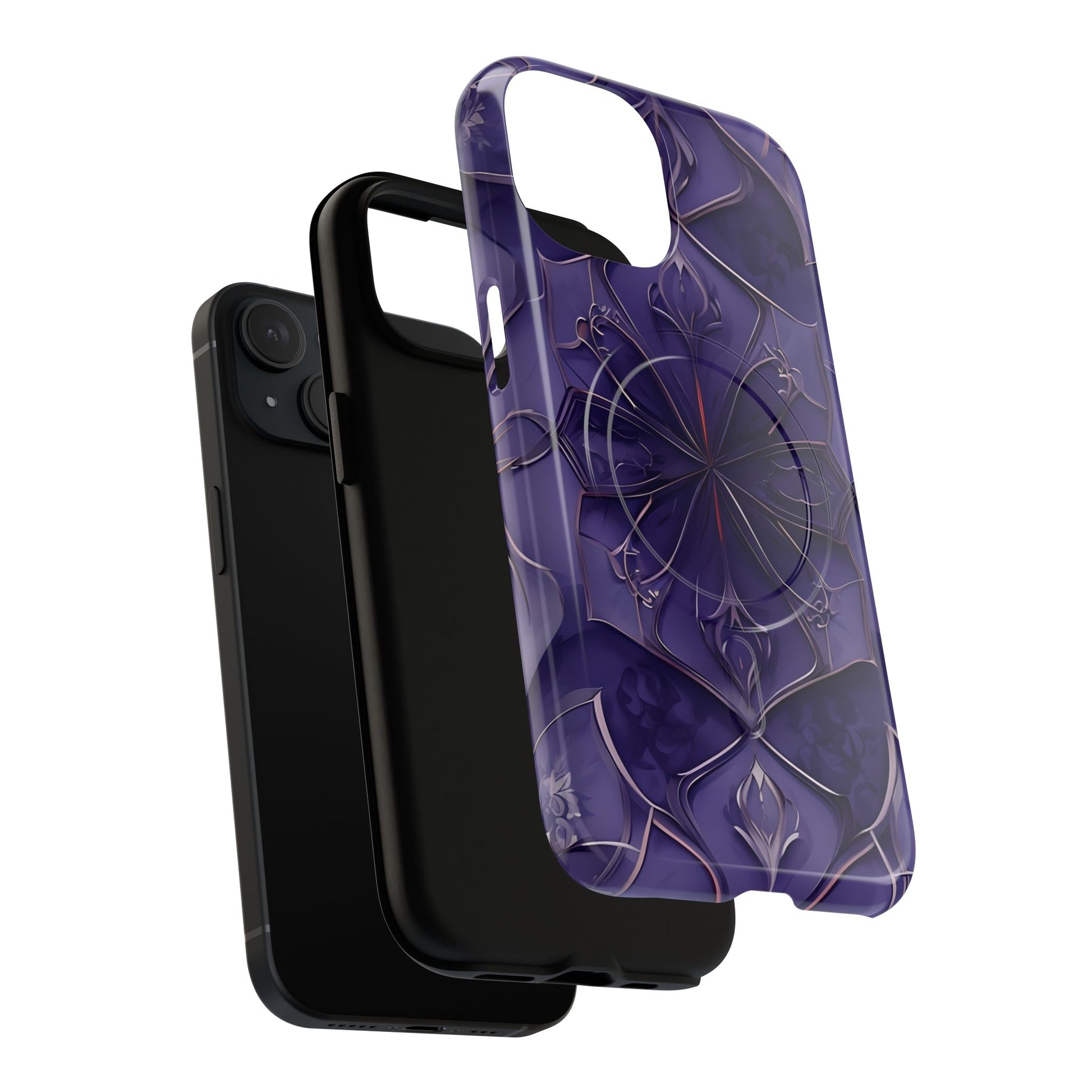 Violet Nebula - Kaleidoscope Collection Artistic Floral Burst - iPhone 15 MagSafe Phone Case -Bold Purple Symmetrical Design