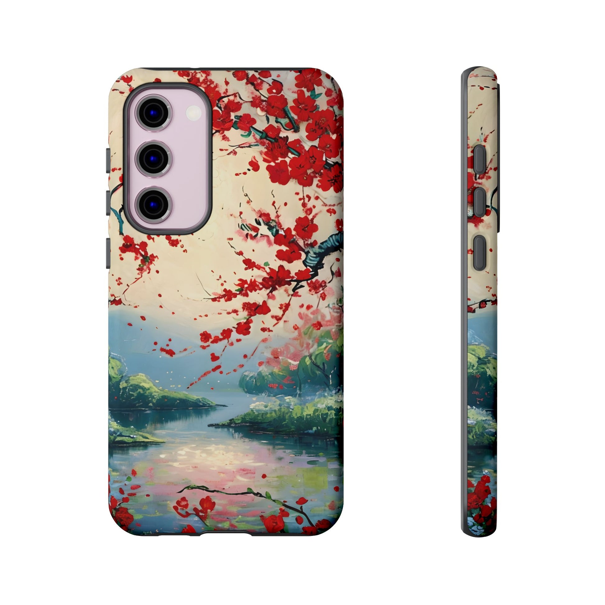 Crimson Blossom Lake - Artistic Floral Landscape Samsung Galaxy S23 Plus Tough Phone Case - Red Cherry Blossoms & Serene Lake Design