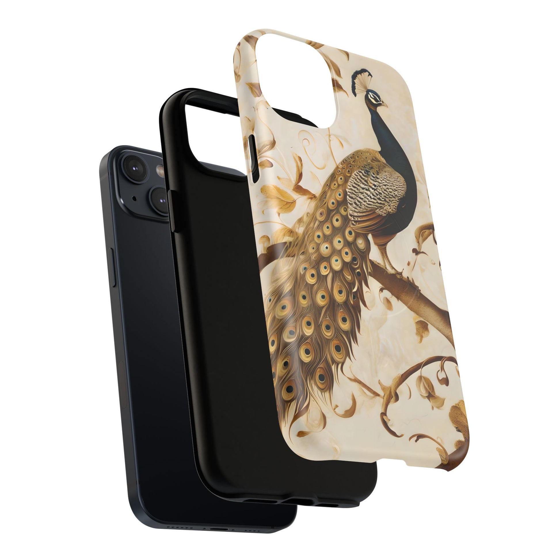 Golden Plumage - Luxe Peacock Art iPhone 14 Plus Phone Case - MagSafe Compatible - Elegant Gold & Cream Design