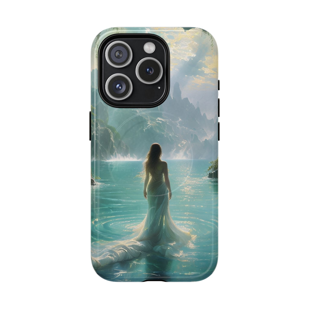 Celestial Tides - Dreamscape Art iPhone 15 Pro MagSafe Phone Case -Ethereal Woman & Fantasy Landscape Design